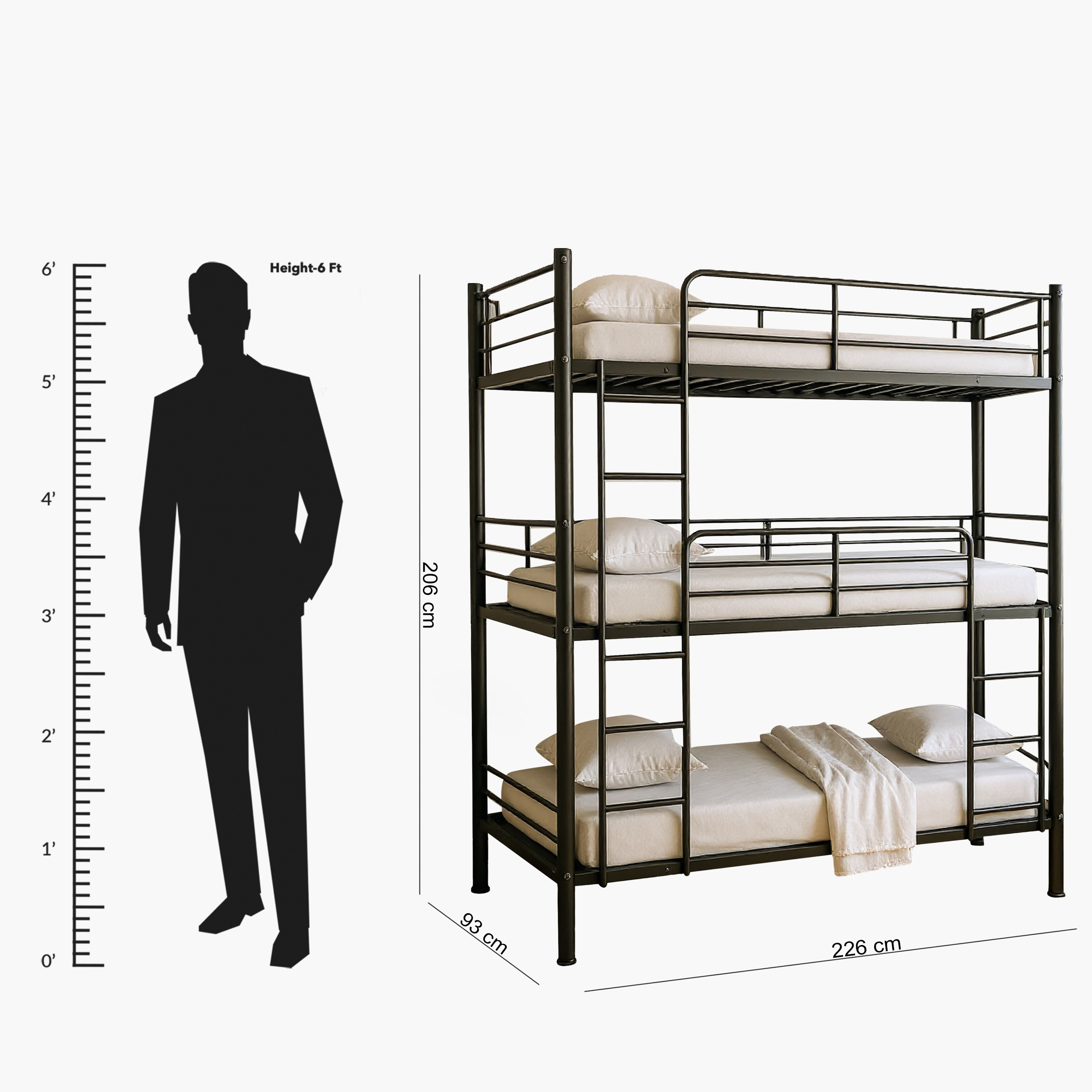 Movo Coda Triple Bunk Metal Single Bed With Ladder - 90x200 cm-hbxkidsandyouth-bedsandbedsets-bunkbeds-single-image-8