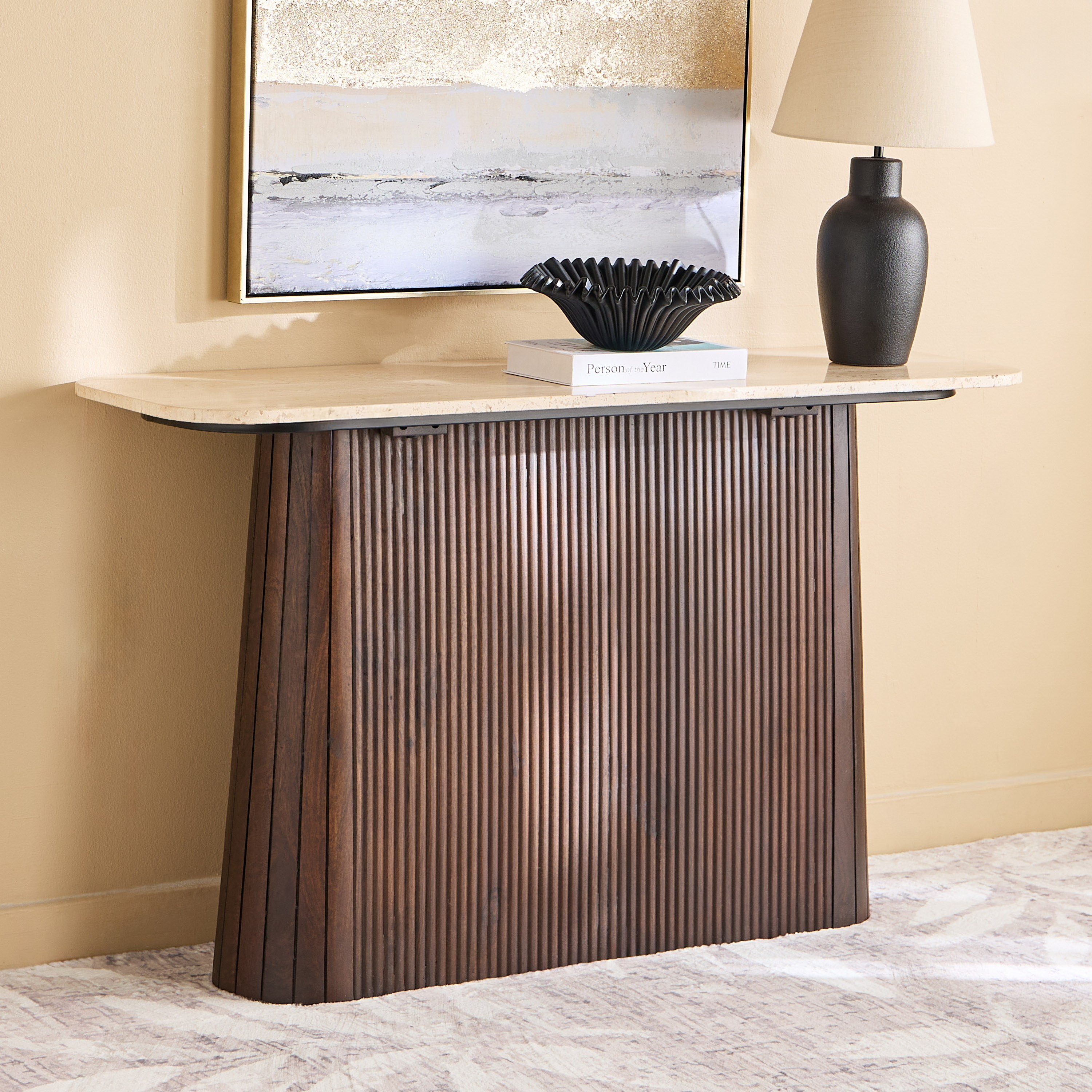 Cavon Ribella Genuine TravertineTop Console with Solid Wood Base-hbxfurniture-tablesandstands-consoletables-image-1