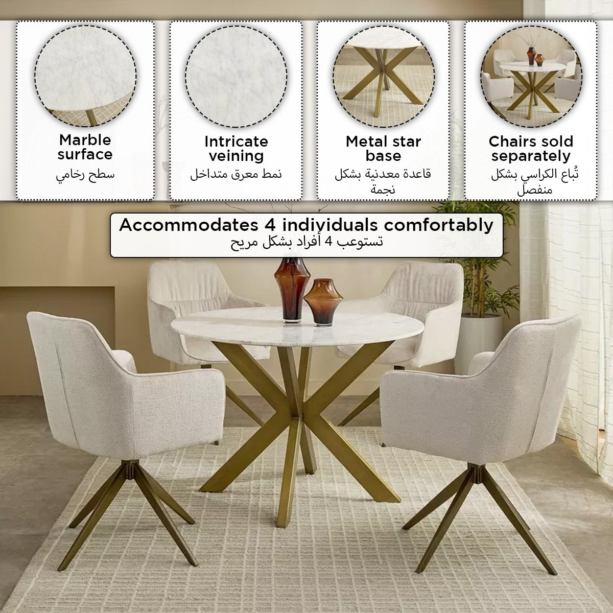 Portola 4-Seater Round Genuine Marble Top Dining Table-hbxfurniture-diningtablesandsets-diningtables-fourseater-image-8