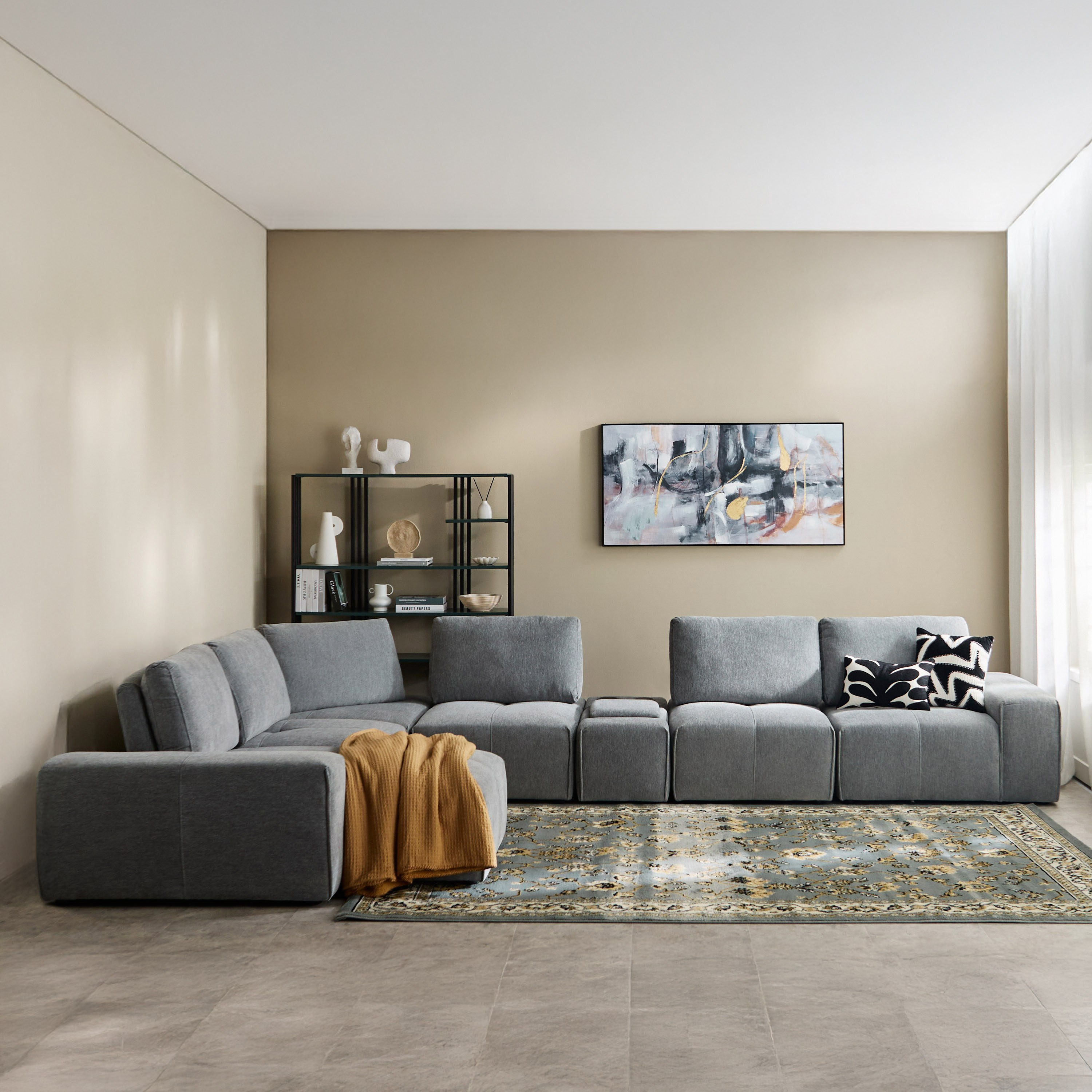 كنبة ركنية قماش بـ7 مقاعد مقسمة مع وحدة كونسول من سيسيل-hbxfurniture-livingroom-sofasandsofasets-image-1