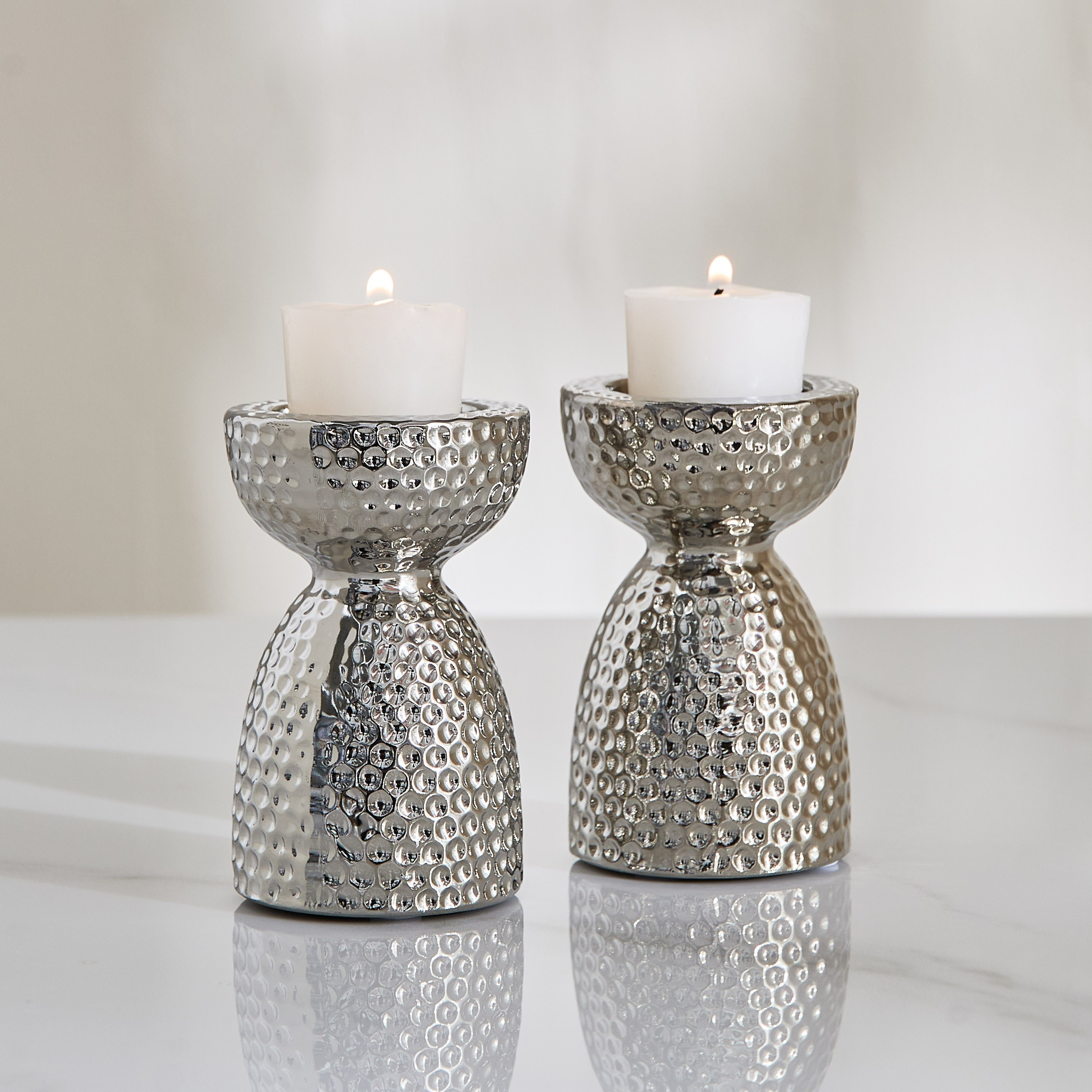 Sansa Duke 2-Piece Ceramic Hammered Candleholder Set - 6.5x6.5x10 cm-hbxlivingroom-decorandaccessories-candleholders-image-1
