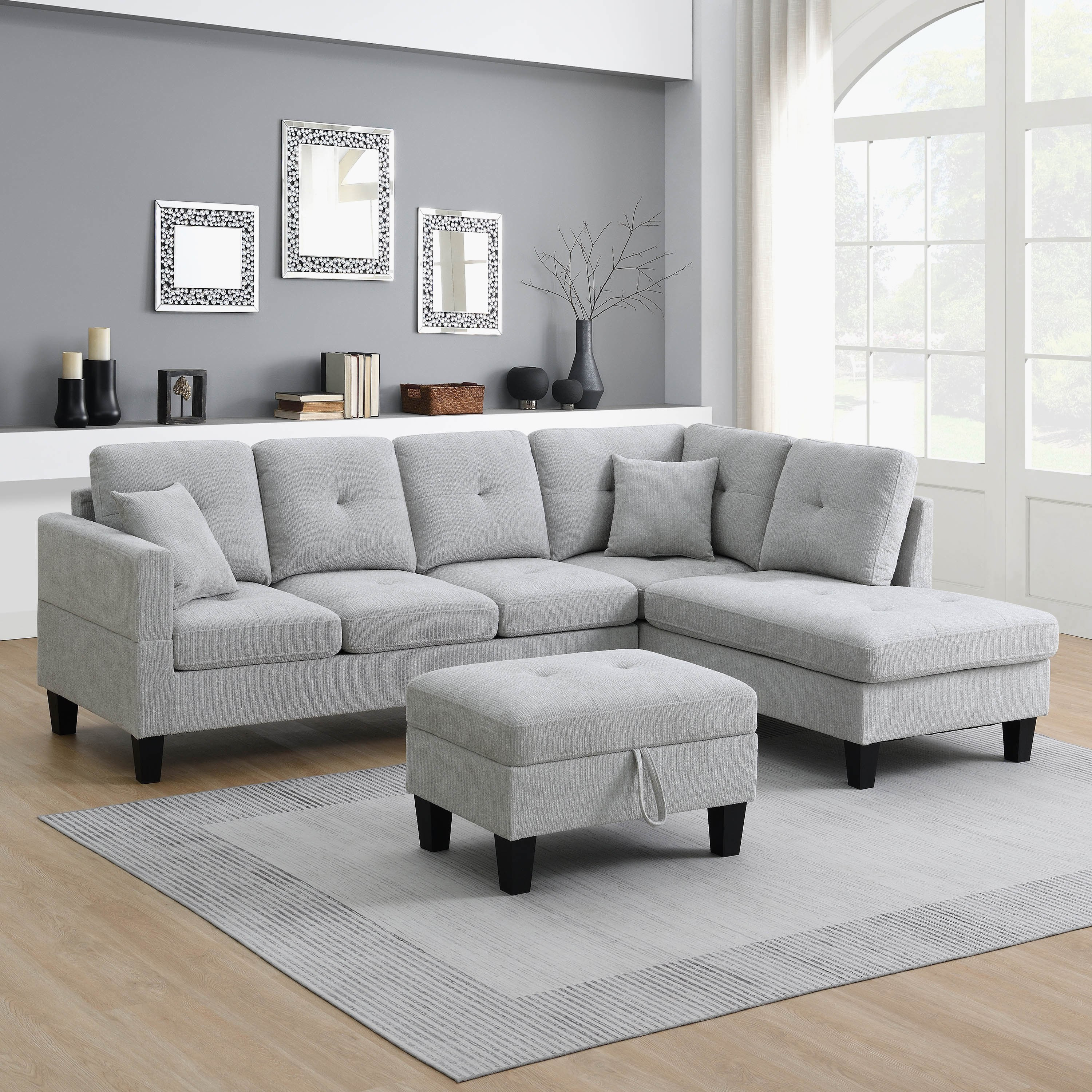 Movo Russel 4-Seater Right Corner Dropdown 2-Cupholder Fabric Sofa with 2 Cushions and Ottoman Storage-hbxlivingroom-sofasandarmchairs-modularsofas-image-1