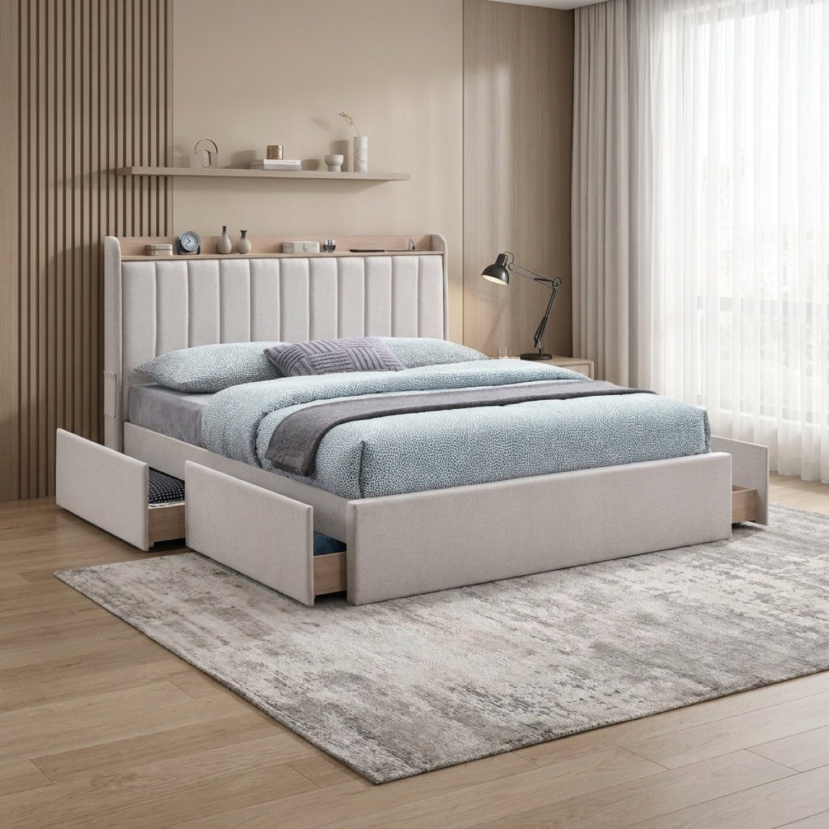 Movo Ruby Linear Smart Upholstered Queen Bed with 4 Drawers - 160x200 cm-hbxbedroom-bedsandbedsets-beds-queen-image-1