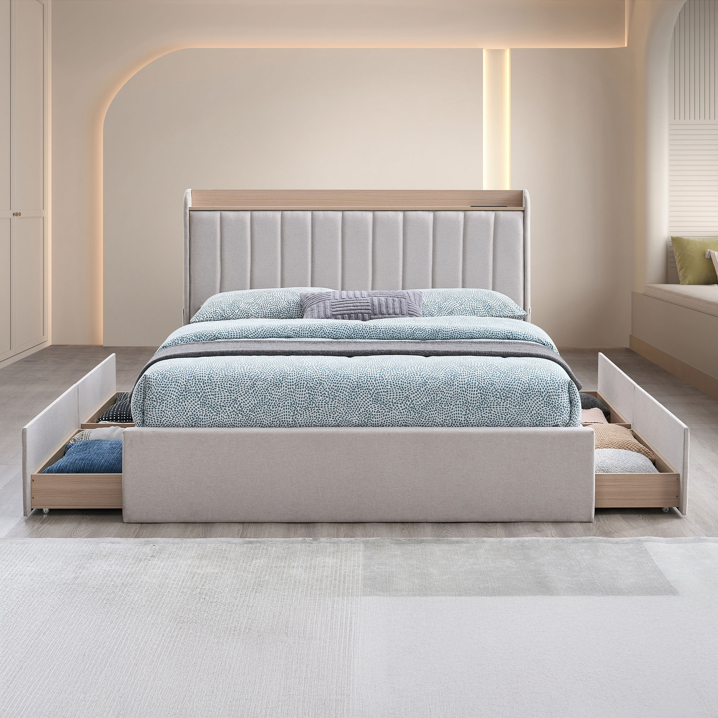 Movo Ruby Linear Smart Upholstered Queen Bed with 4 Drawers - 160x200 cm-hbxbedroom-bedsandbedsets-beds-queen-image-2