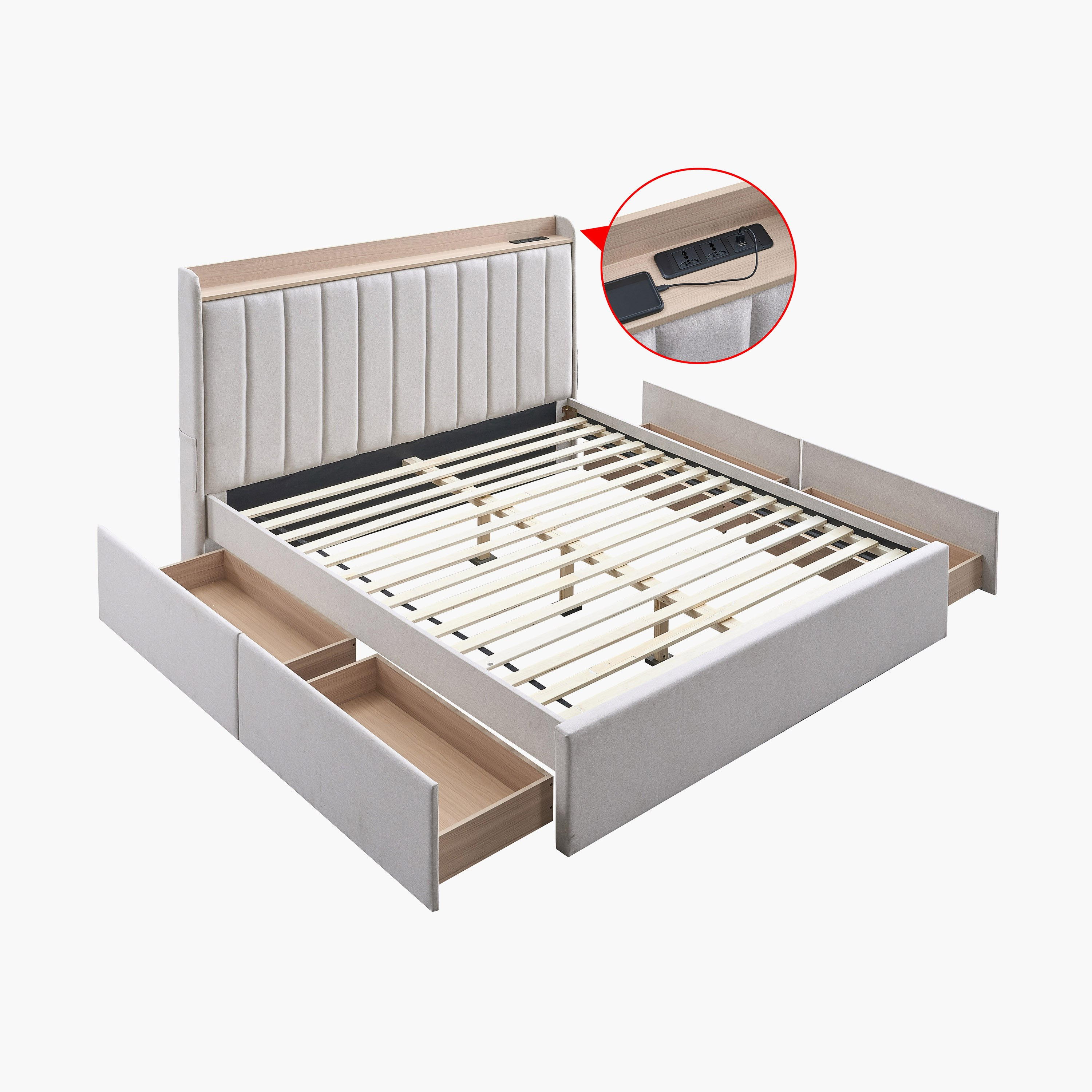 Movo Ruby Linear Smart Upholstered Queen Bed with 4 Drawers - 160x200 cm-hbxbedroom-bedsandbedsets-beds-queen-image-4