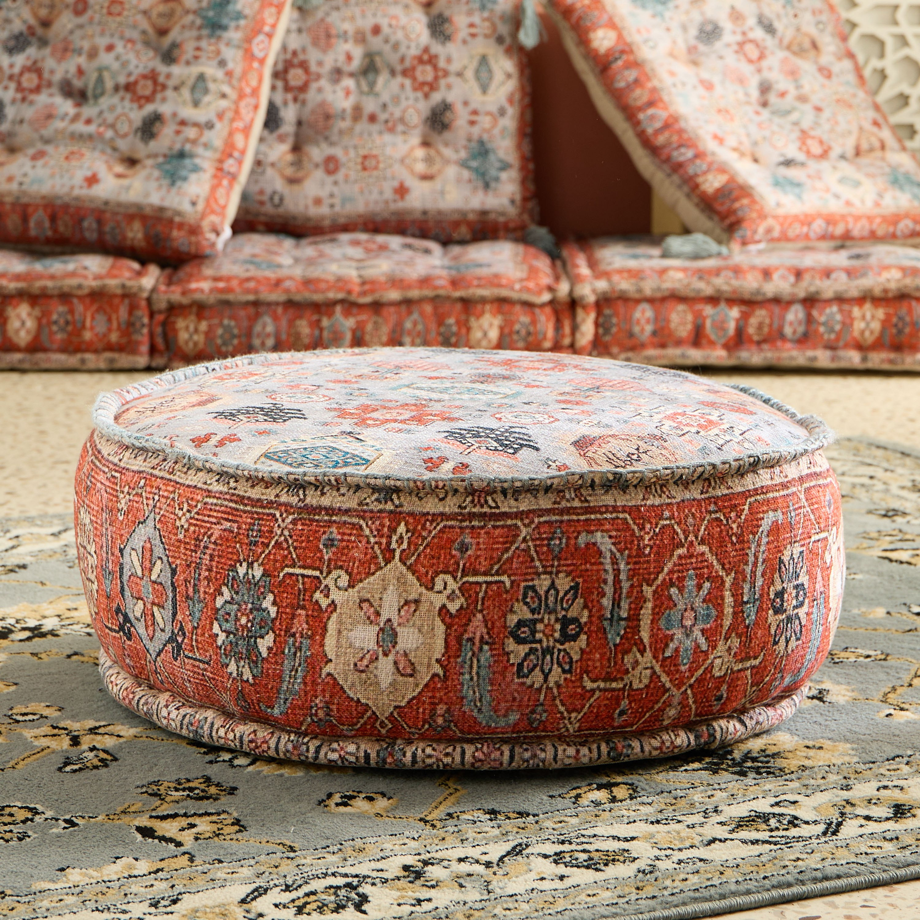 Mahrgan Benza Distress Printed Round Pouf - 60x60x25 cm-hbxhomeware-hbxbedroom-image-1