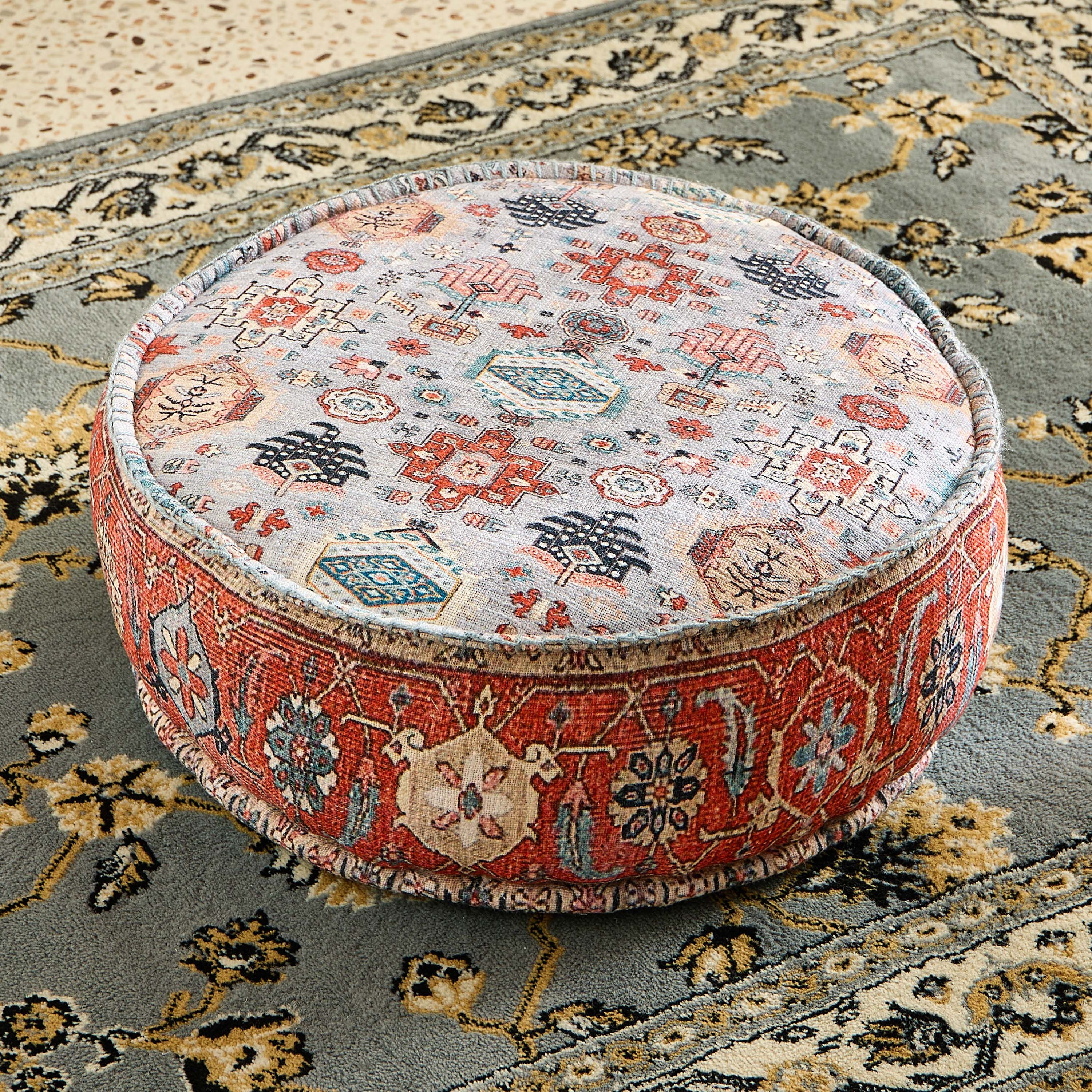 Mahrgan Benza Distress Printed Round Pouf - 60x60x25 cm-hbxhomeware-hbxbedroom-image-2