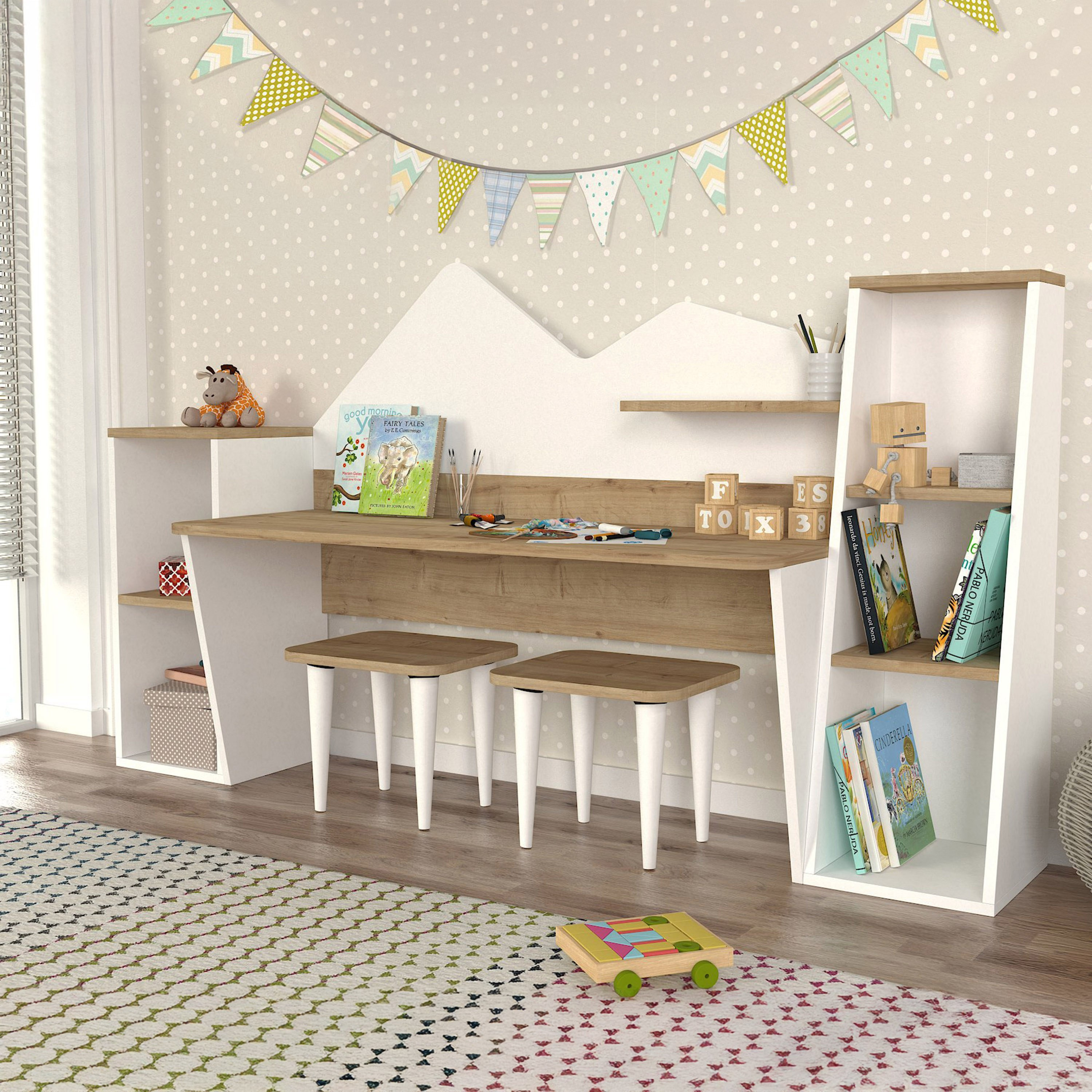 Modulix Lumos Study Desk with Bookcase and Stools-hbxfurniture-office-desks-image-2