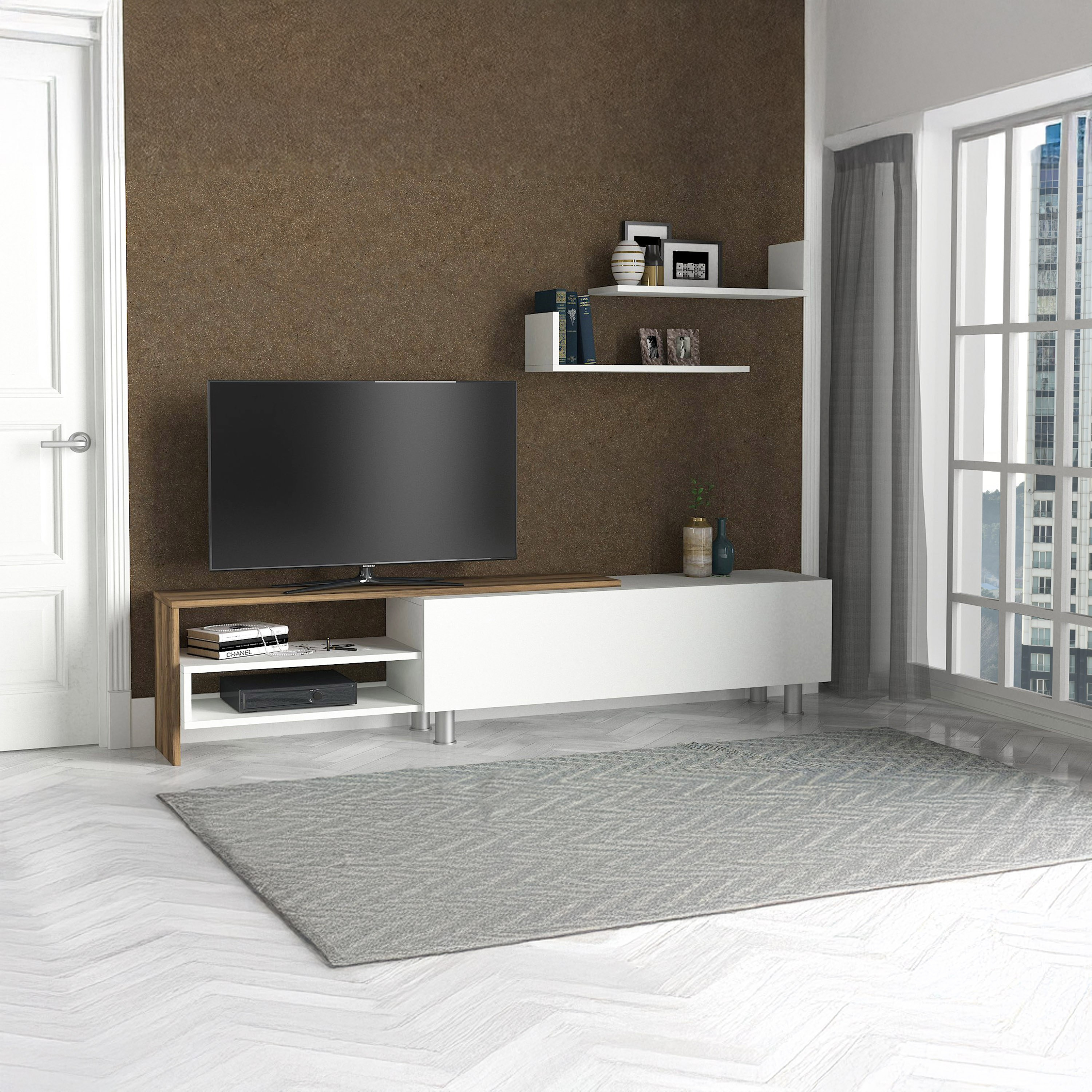 Modulix Lily 1.8 Meter 1-Door TV Unit with Wall Mounted Shelves for TV upto 70 inches-hbxlivingroom-mediaunitsandstorage-tvunits-image-2