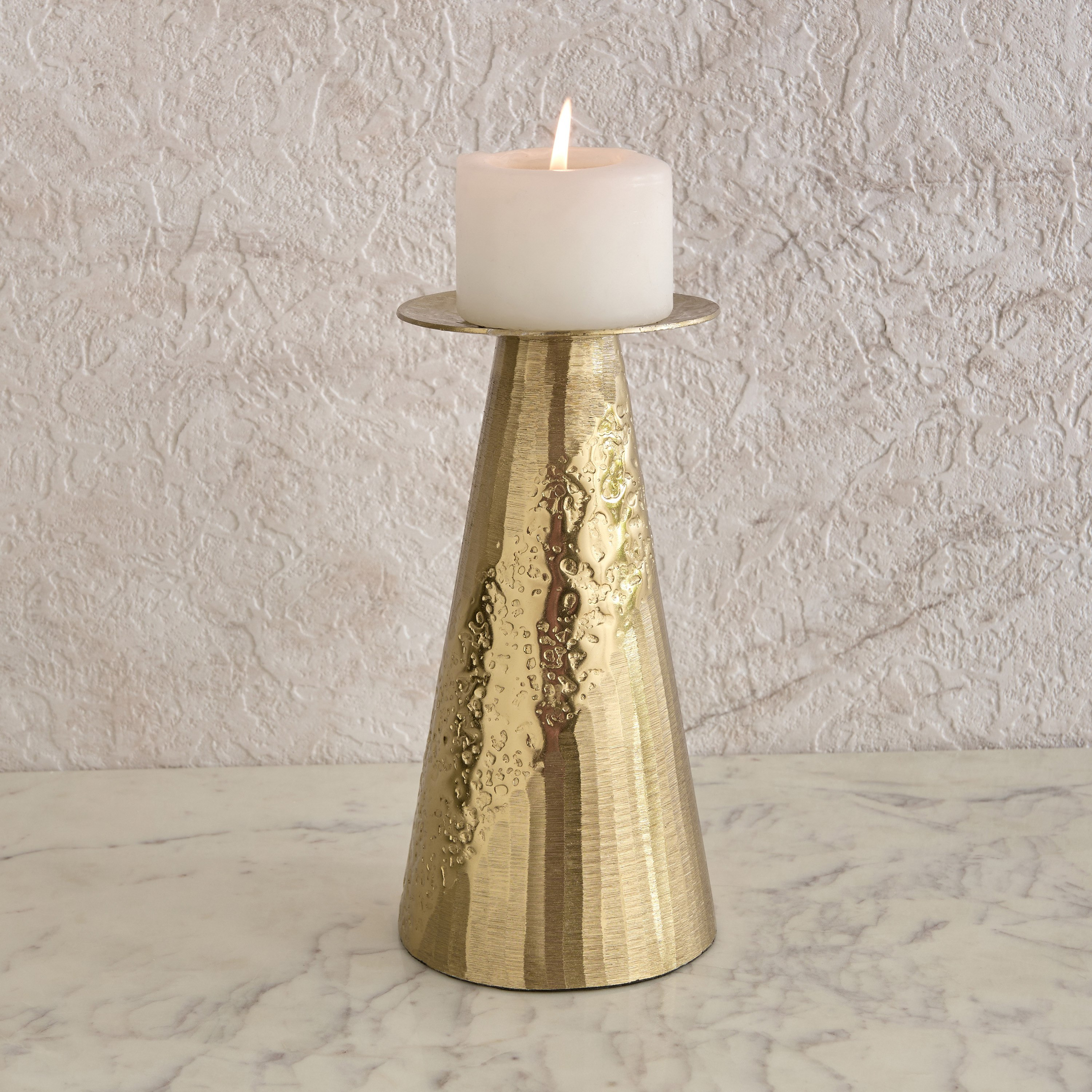 Melrose Litt Aluminium Textured Pillar Candleholder - 12x12x24 cm-hbxlivingroom-decorandaccessories-candleholders-image-1