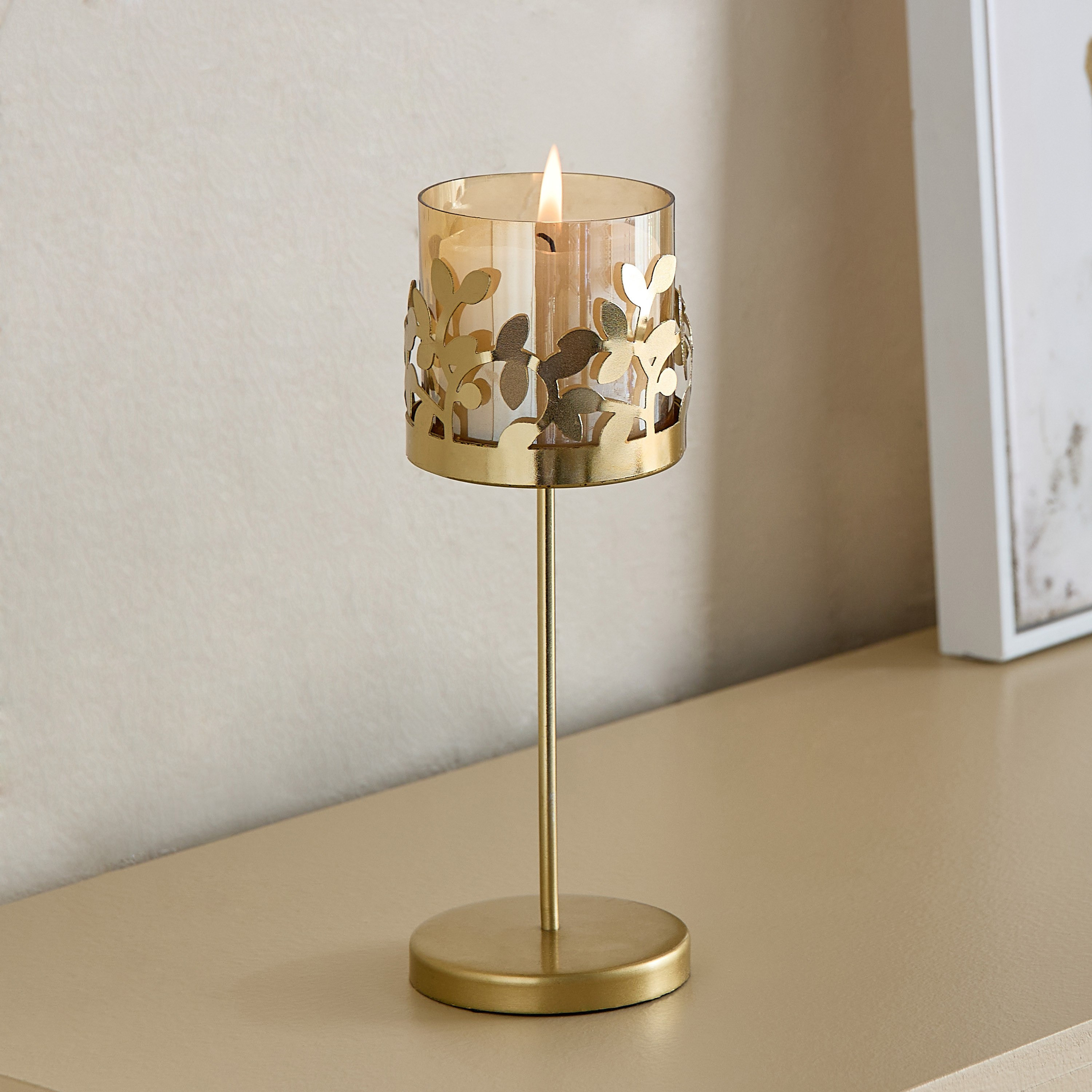 Embrace Metal Leaf Candleholder with Glass - 7.5x7.5x21 cm-hbxlivingroom-decorandaccessories-candleholders-image-8