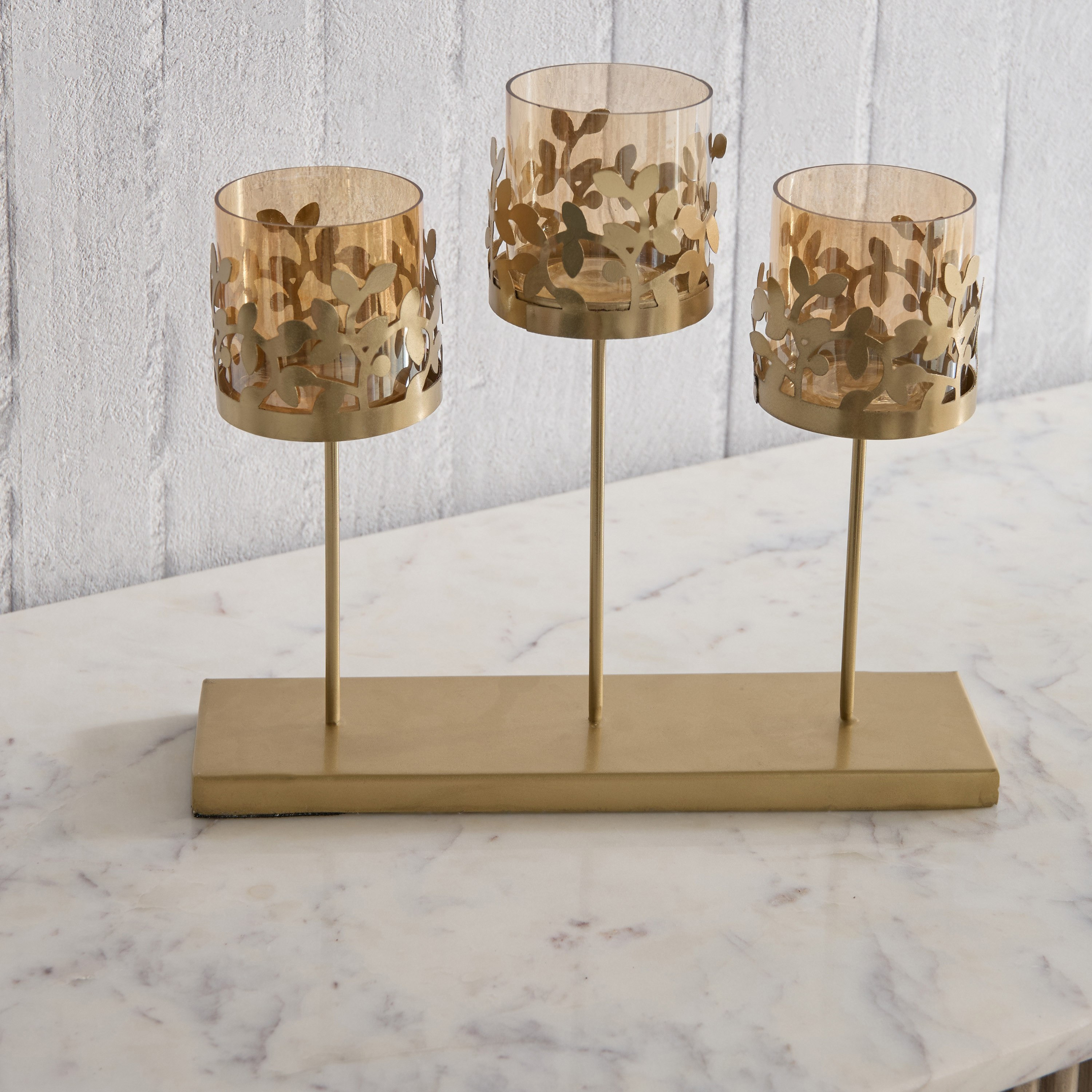 حامل شموع متعدد بورقة شجر معدنية مع كوب زجاج من إمبريس - 27×7×23 سم-hbxlivingroom-decorandaccessories-candleholders-image-2