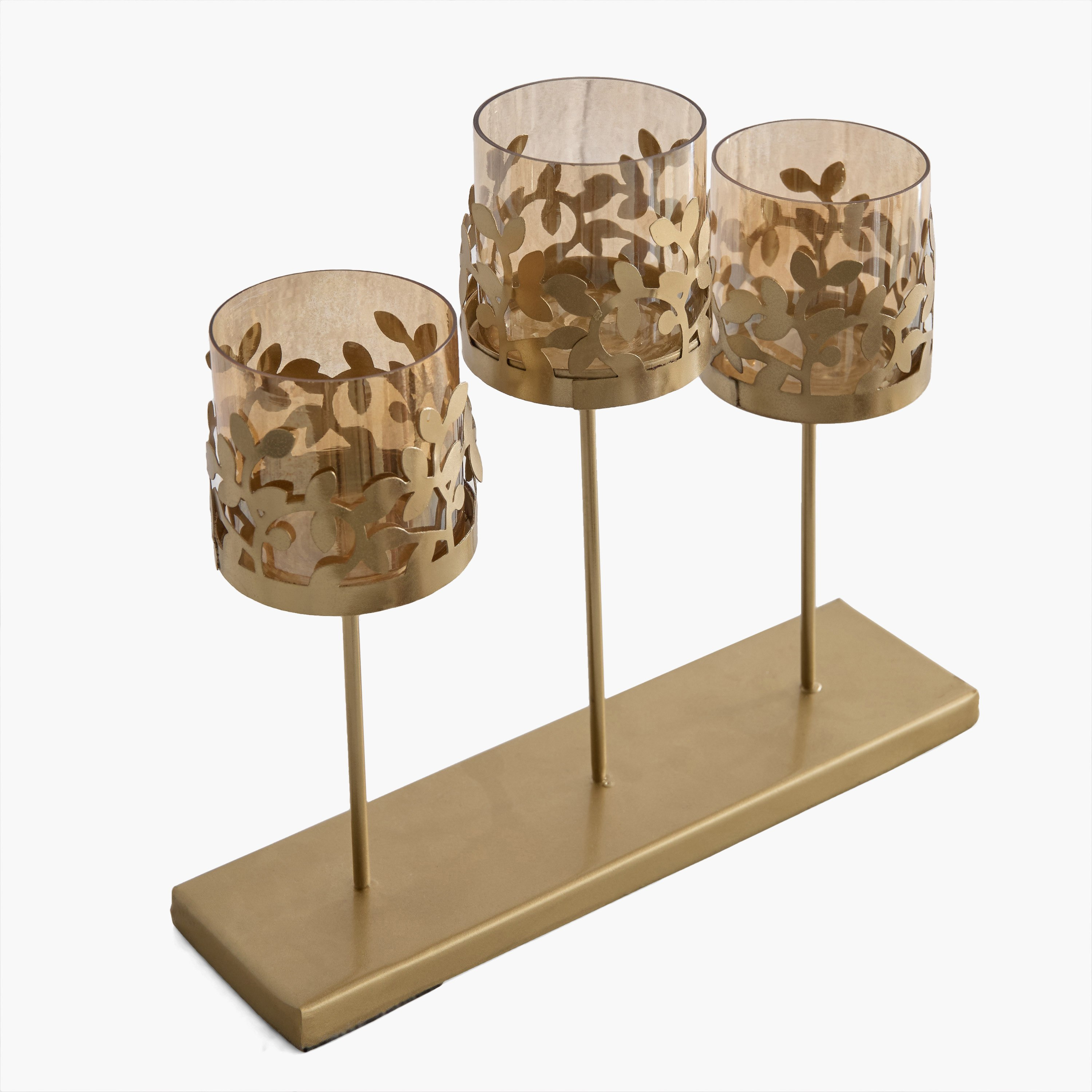 حامل شموع متعدد بورقة شجر معدنية مع كوب زجاج من إمبريس - 27×7×23 سم-hbxlivingroom-decorandaccessories-candleholders-image-5