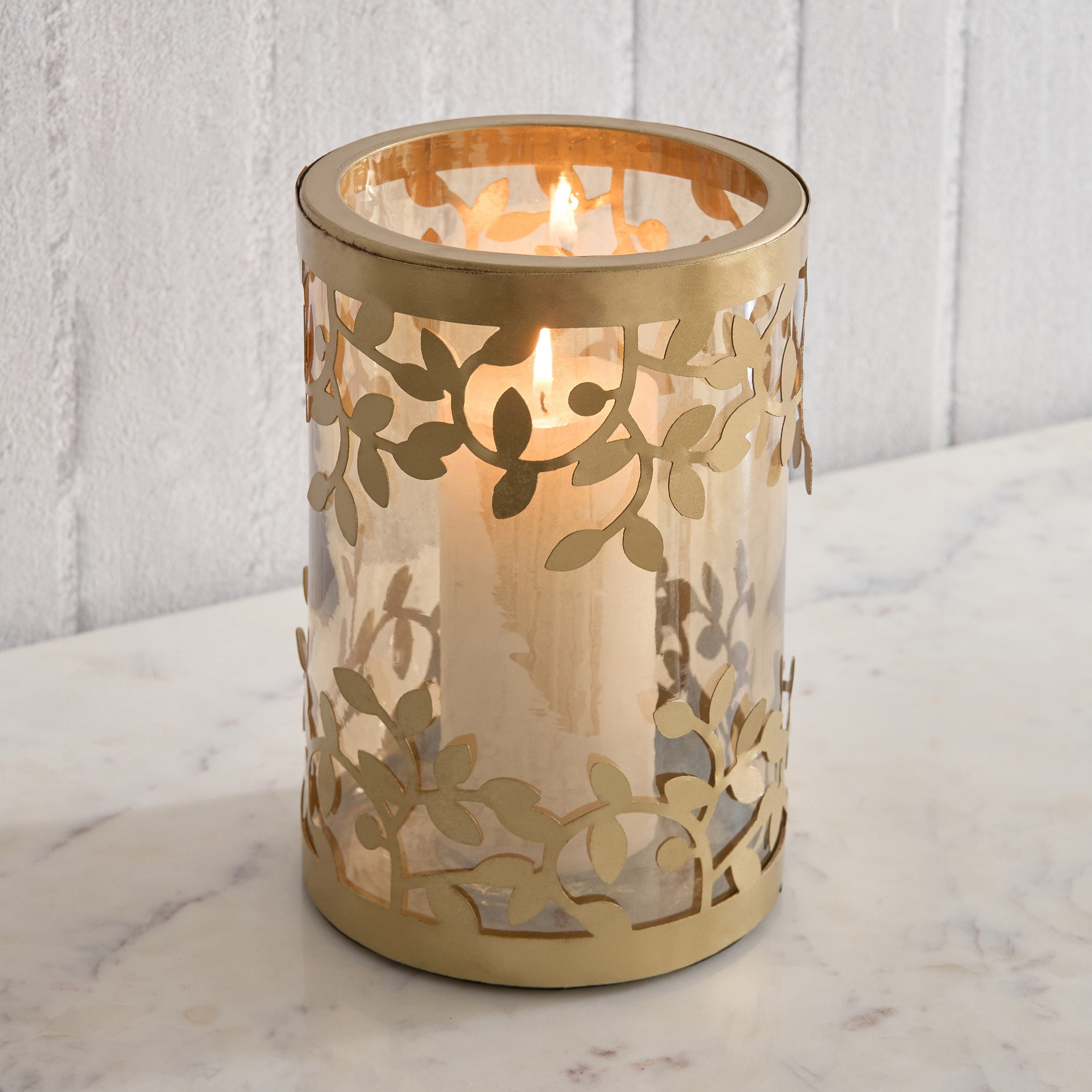 Embrace Metal Leaf Hurricane Candleholder with Glass - 13.5x13.5x19 cm-hbxlivingroom-decorandaccessories-candleholders-image-1