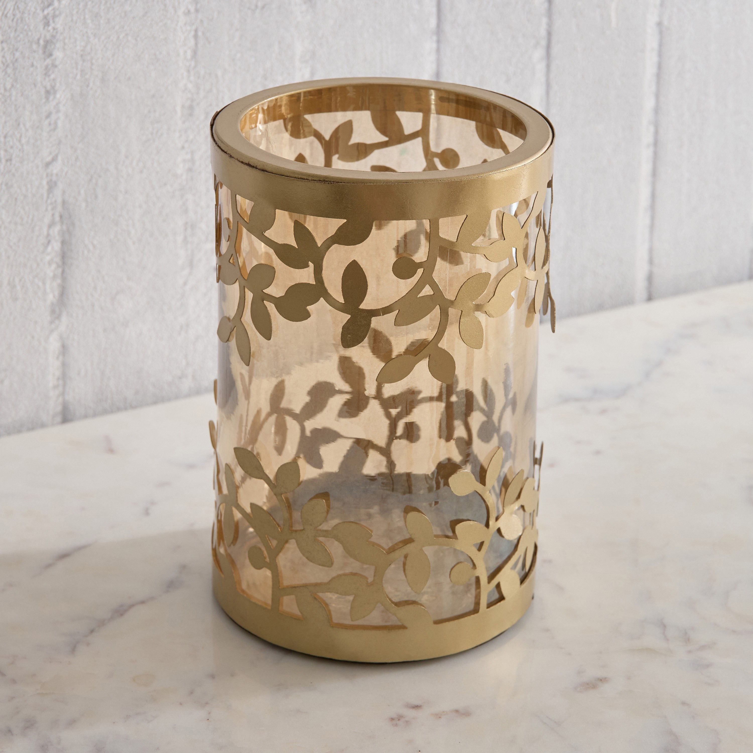 Embrace Metal Leaf Hurricane Candleholder with Glass - 13.5x13.5x19 cm-hbxlivingroom-decorandaccessories-candleholders-image-2