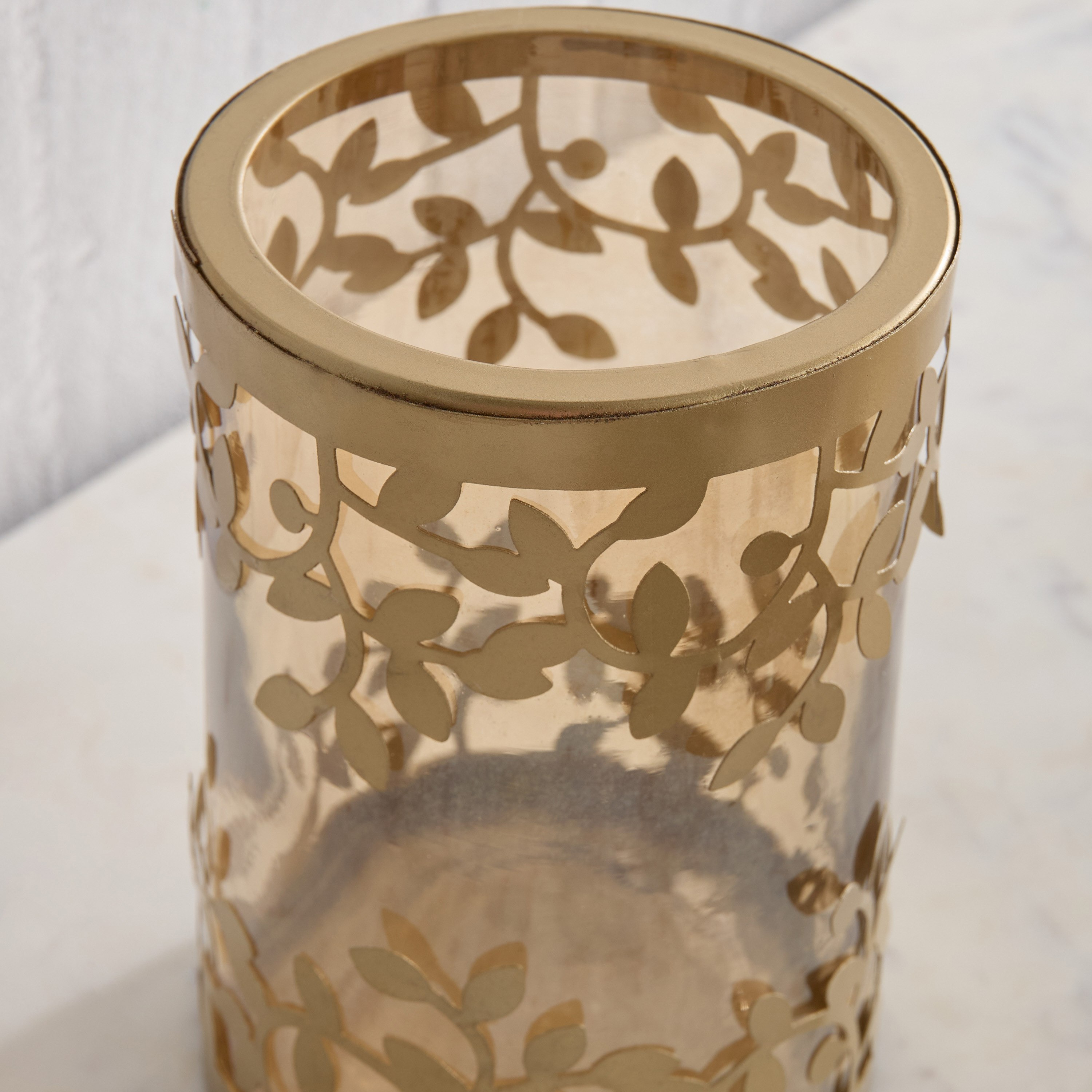 حامل شموع فانوس معدن بتصميم ورق شجر مع زجاج من إمبريس - 13.5x13.5x17.5 سم-hbxlivingroom-decorandaccessories-candleholders-image-3