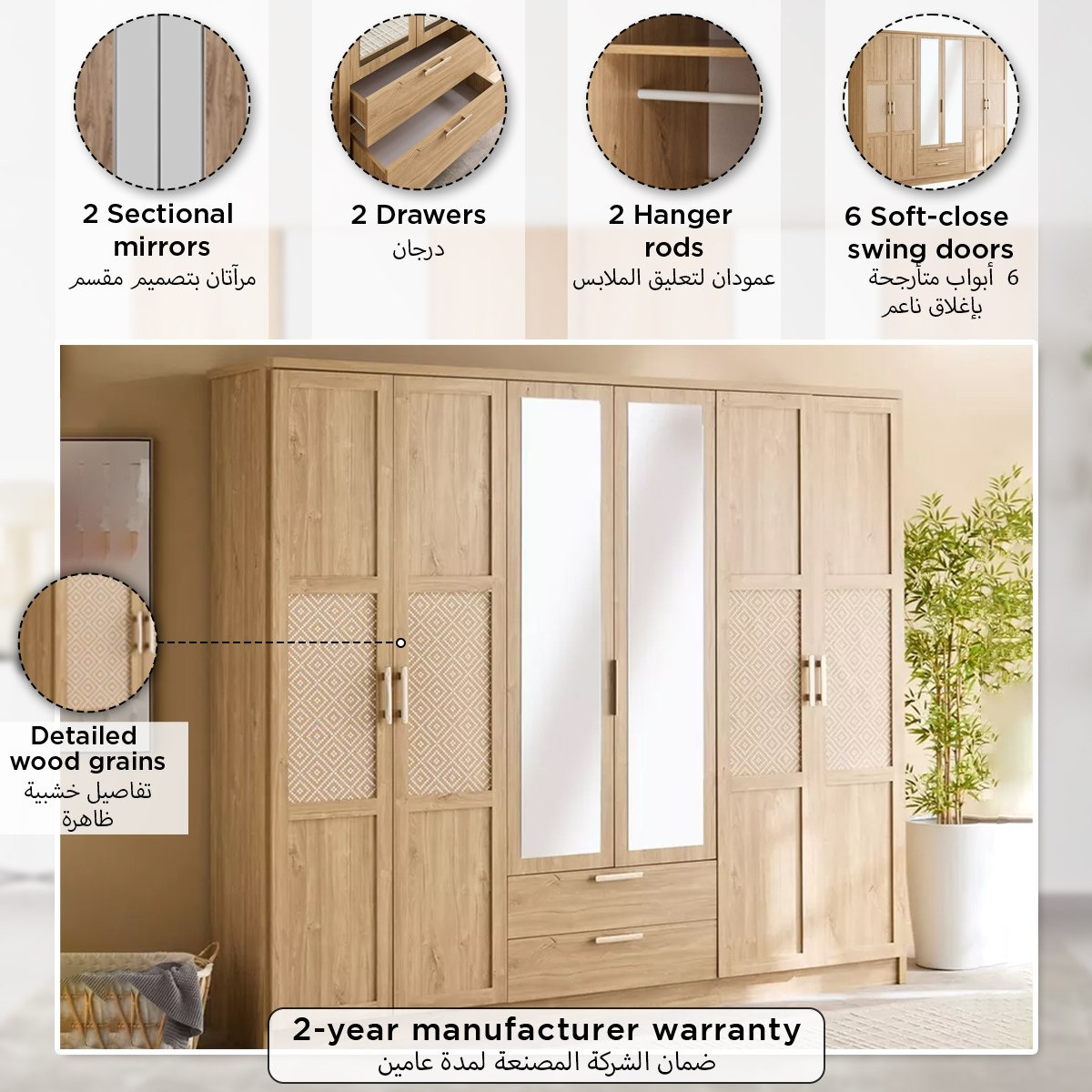 Naples 6-Door Wardrobe with 2 Drawers and Mirror-hbxfurniture-wardrobes-image-13