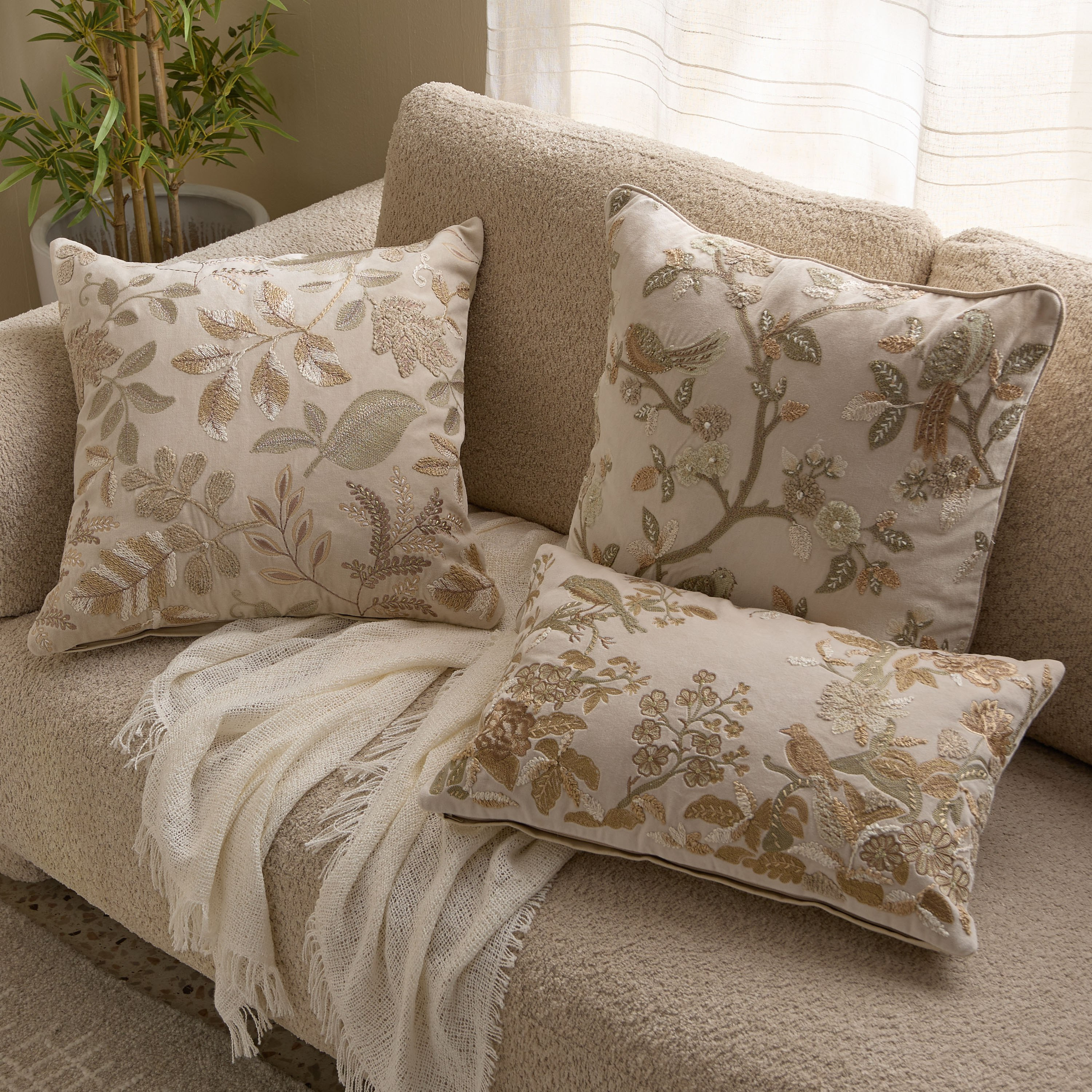 Foila Embroidered Leaf Bird Filled Cushion - 30x50 cm-hbxhomeware-hbxbedroom-image-8