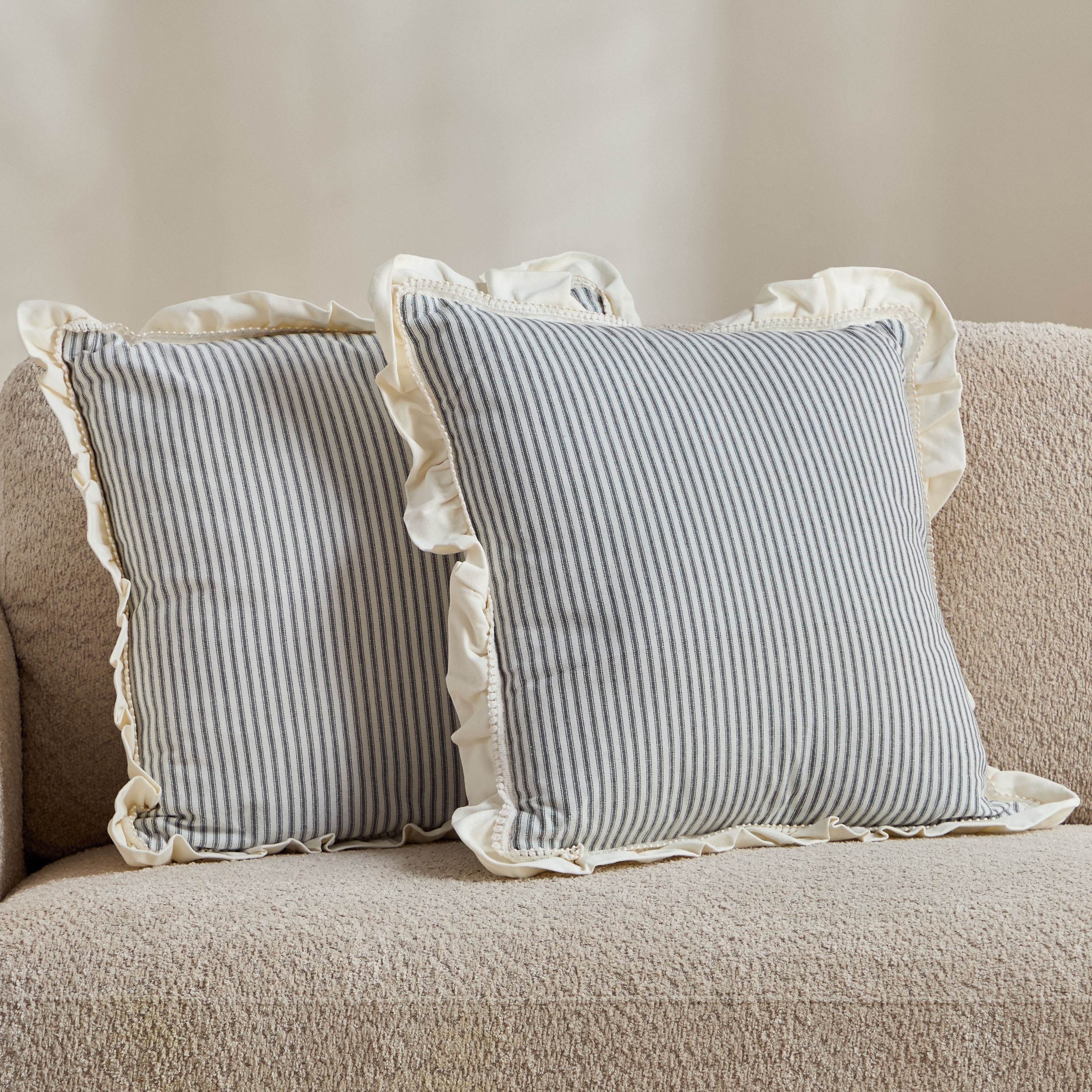 Cozy Duo 2-Piece Black Stripe Ruffle Filled Cushion Set - 50x50 cm-hbxhomeware-hbxbedroom-image-1
