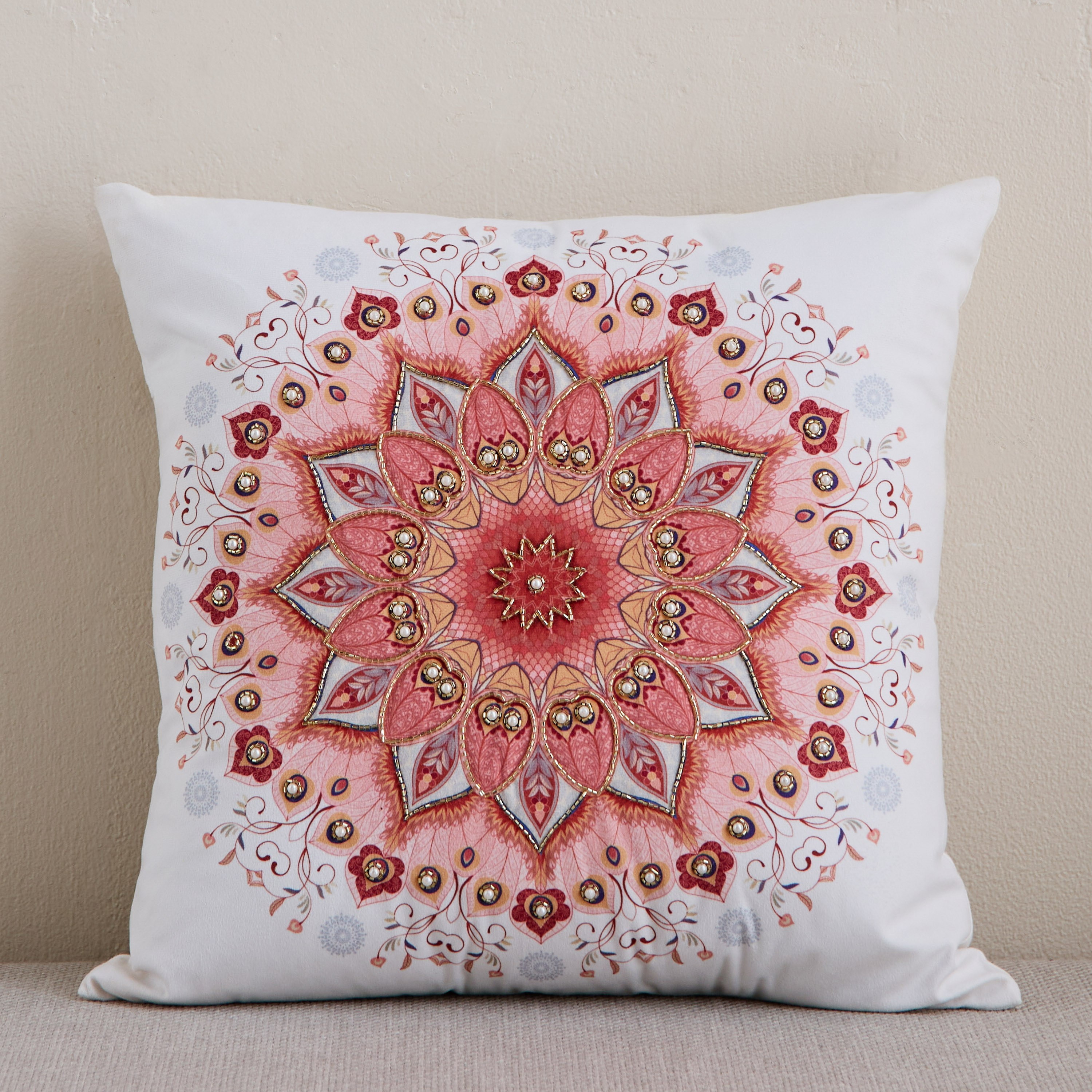 Praka Mandala Embroidered Beaded Filled Cushion - 45x45 cm-hbxlivingroom-furnishings-cushionsandcovers-filledcushions-image-1