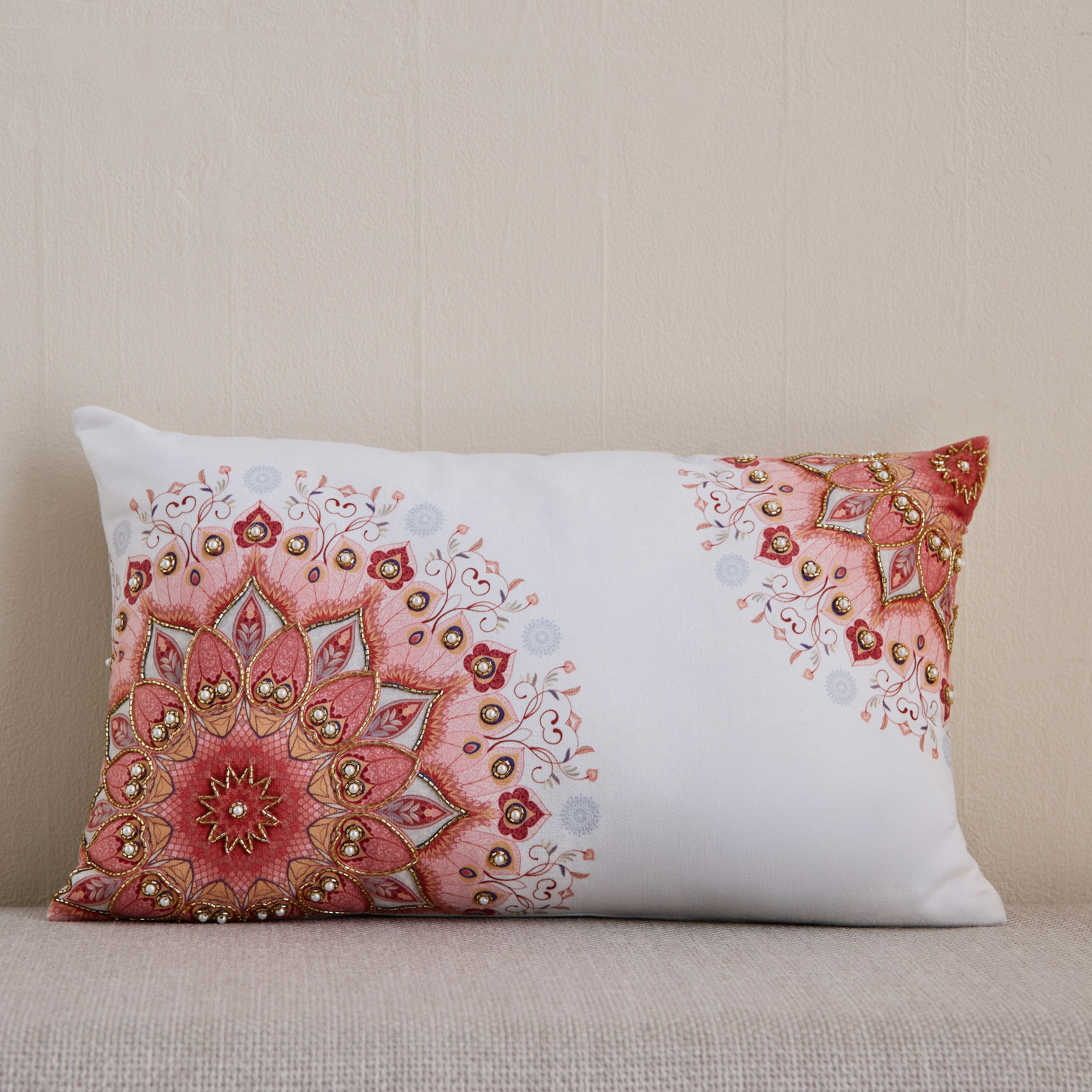Praka Mandala Corner Embroidered Beaded Filled Cushion - 30x50 cm-hbxlivingroom-furnishings-cushionsandcovers-filledcushions-image-1