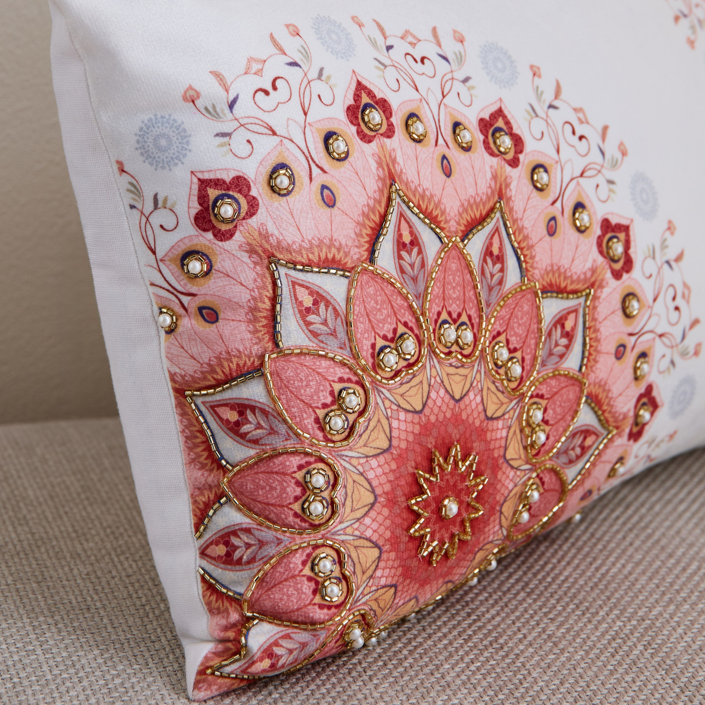 Praka Mandala Corner Embroidered Beaded Filled Cushion - 30x50 cm-hbxlivingroom-furnishings-cushionsandcovers-filledcushions-image-2