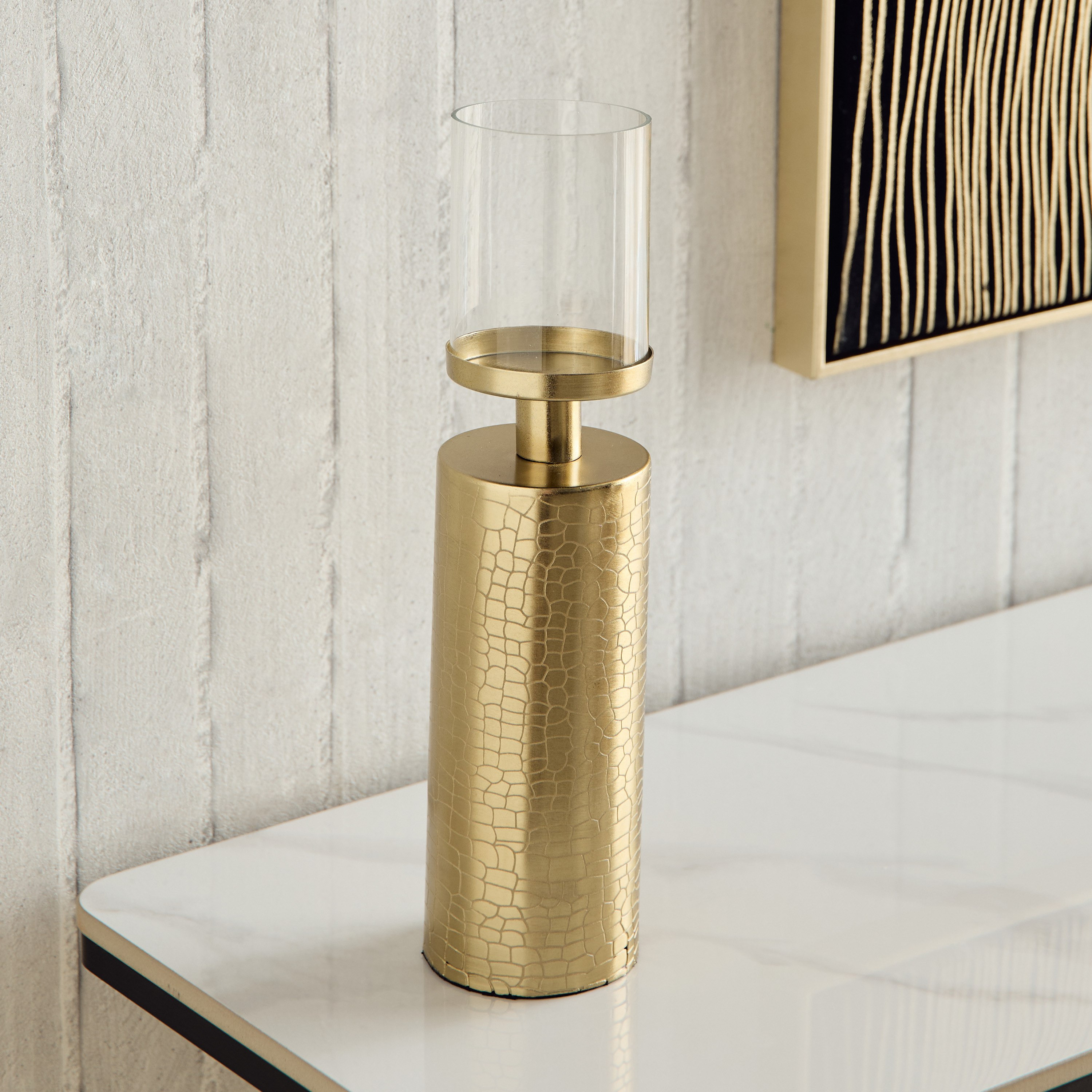 Alpha Metal Leather Textured Pillar Candleholder - 8x8x34 cm-hbxlivingroom-decorandaccessories-candleholders-image-1