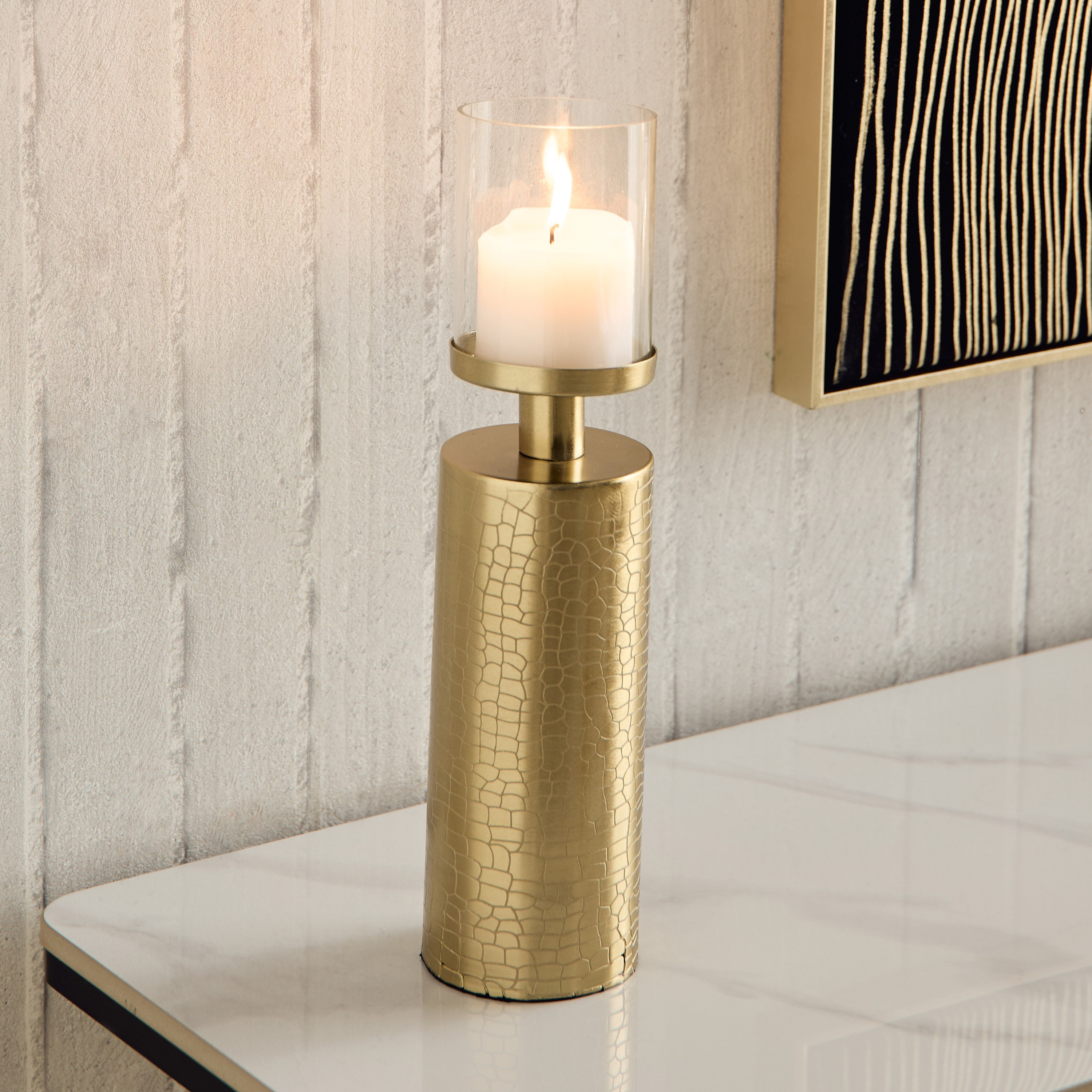 Alpha Metal Leather Textured Pillar Candleholder - 8x8x34 cm-hbxlivingroom-decorandaccessories-candleholders-image-2