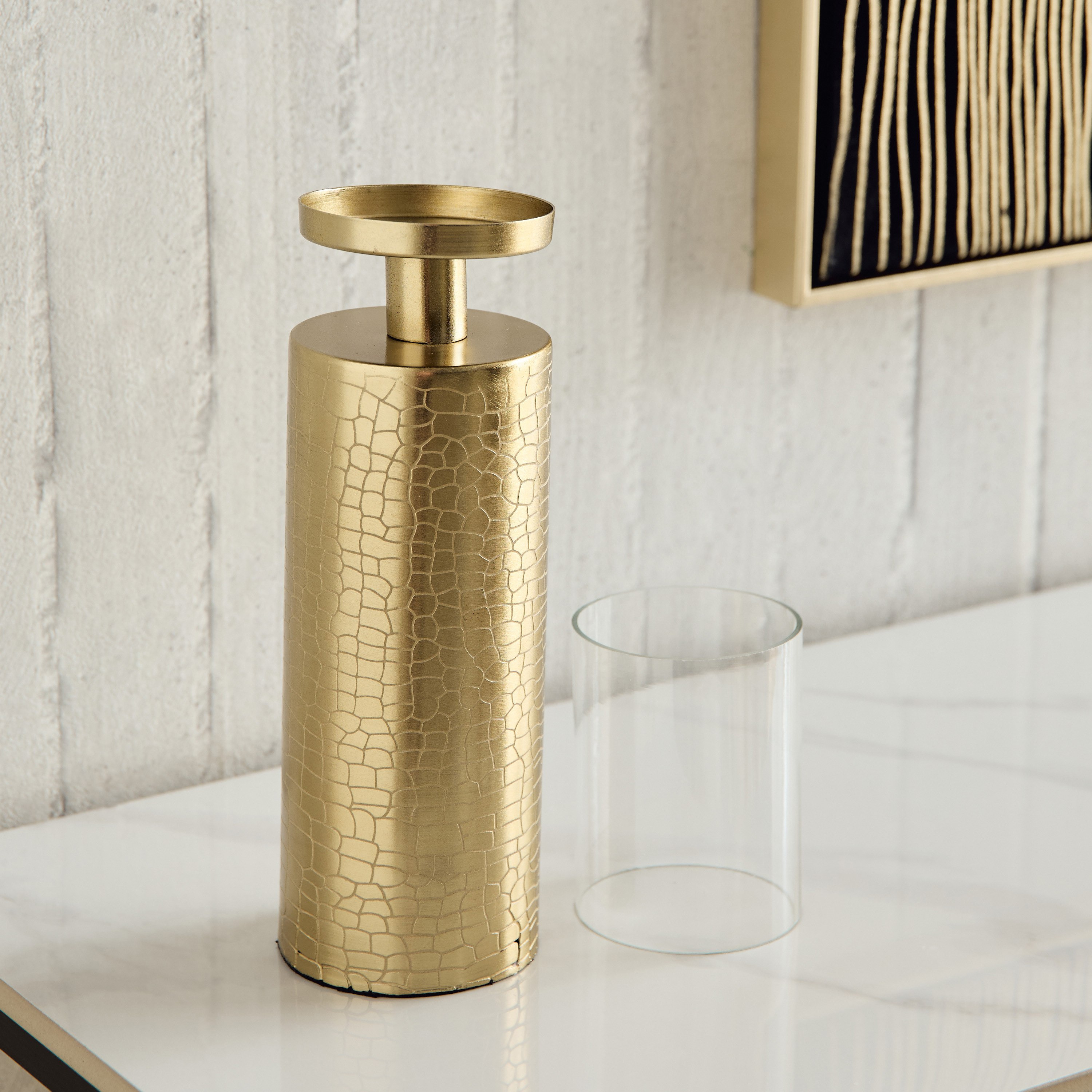 Alpha Metal Leather Textured Pillar Candleholder - 8x8x34 cm-hbxlivingroom-decorandaccessories-candleholders-image-3