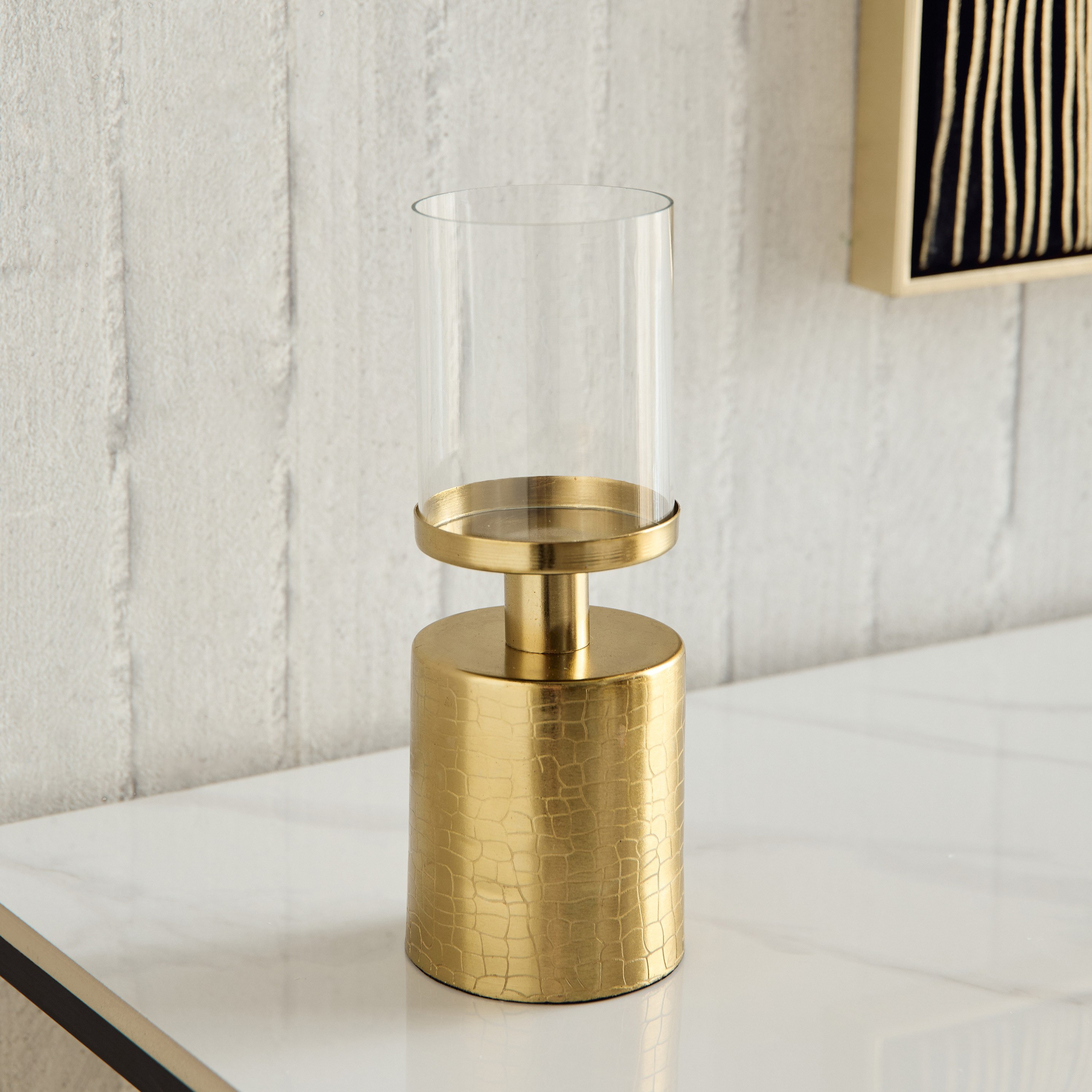 Alpha Metal Leather Textured Pillar Candleholder - 8x8x23 cm-hbxlivingroom-decorandaccessories-candleholders-image-1