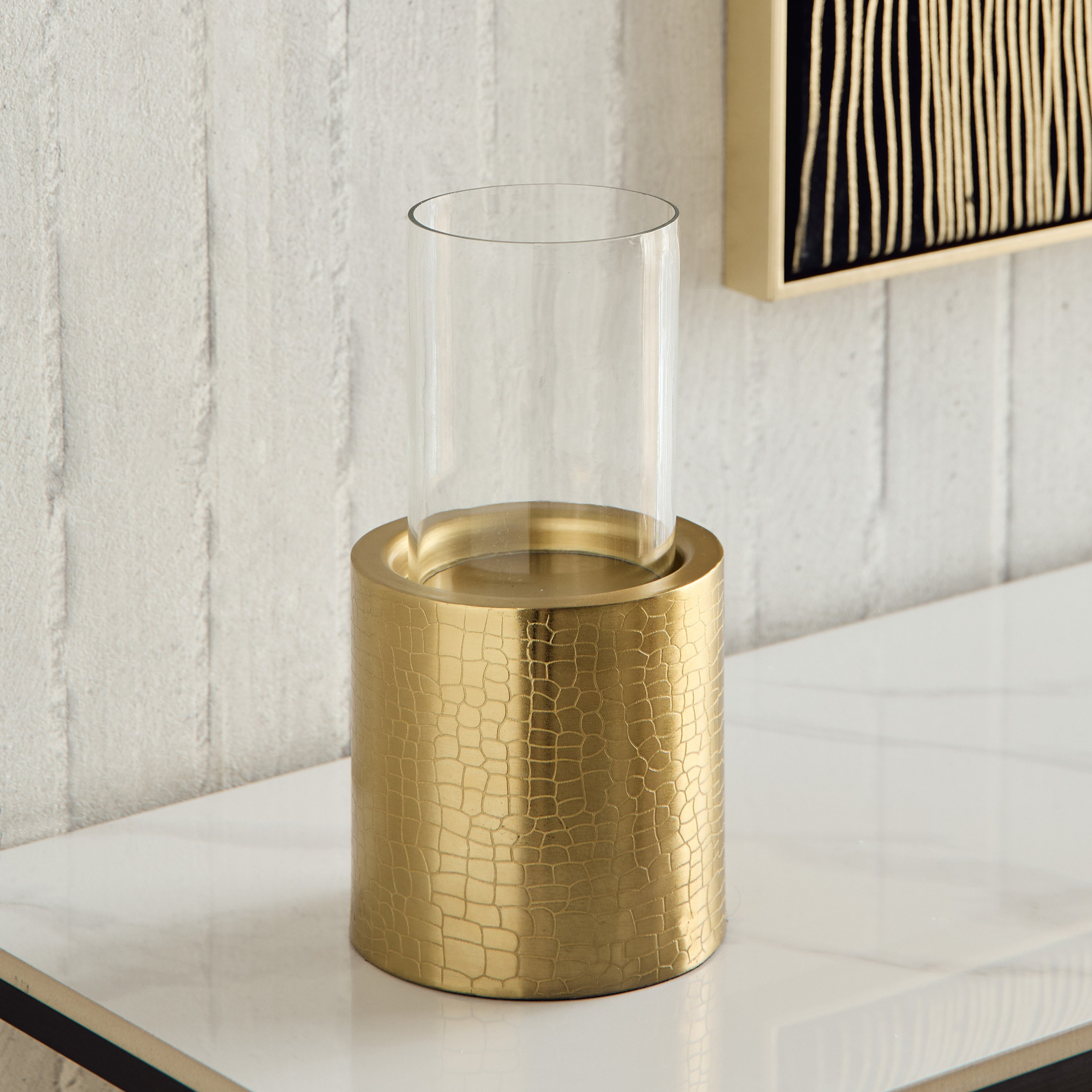 Alpha Metal Leather Wave Textured Pillar Candleholder - 12.5x12.5x19 cm-hbxlivingroom-decorandaccessories-candleholders-image-1
