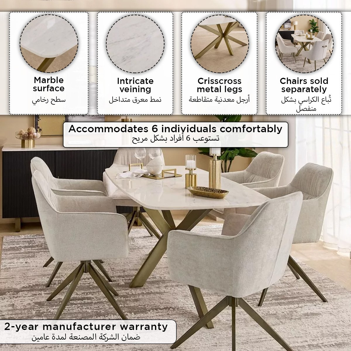 Cavon Portola 6-Seater Genuine Marble Top Dining Table-hbxdiningroom-diningtablesandsets-diningtables-sixseater-image-11