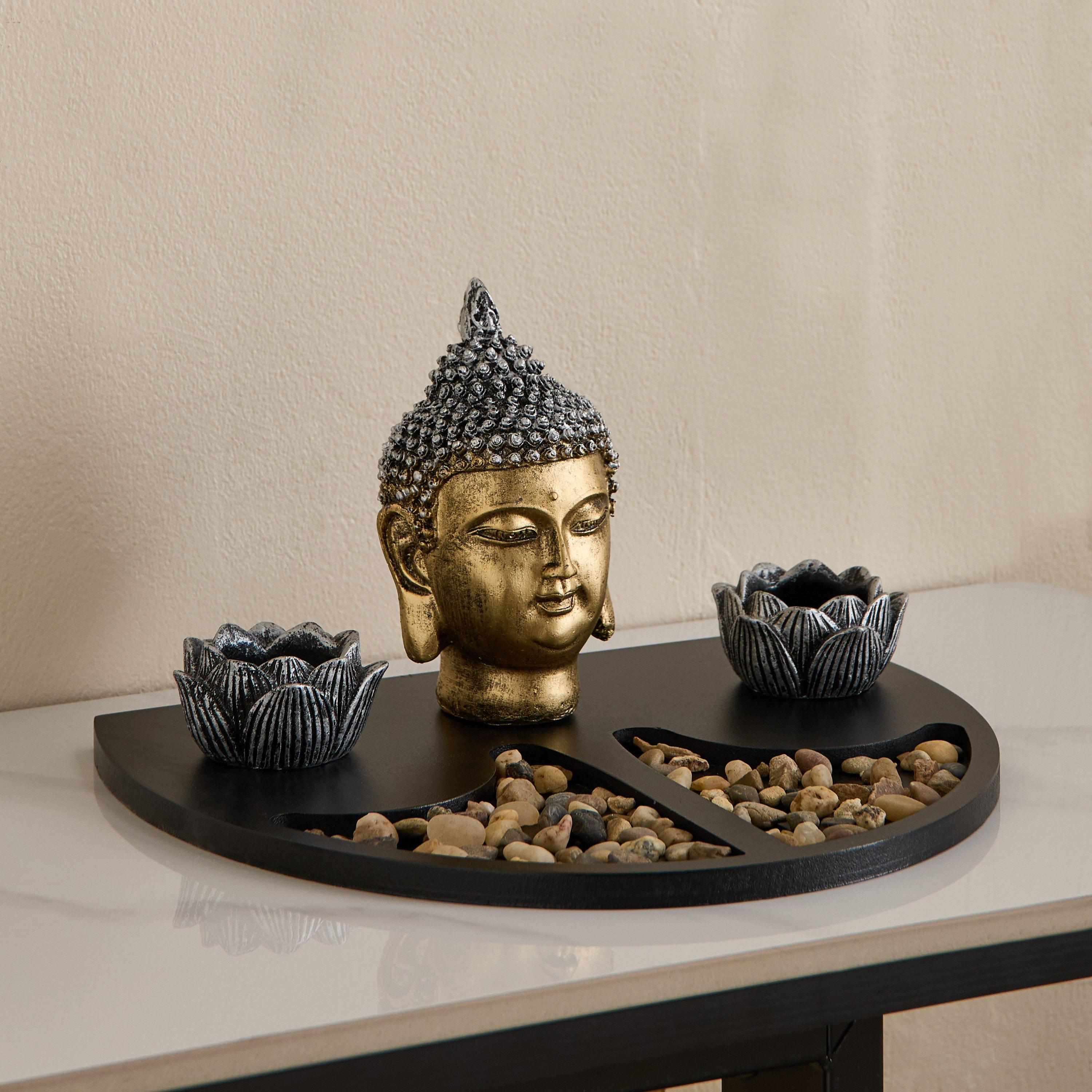 Divinity Glacier Polyresin Buddha with MDF Wooden Stand - 9x9x40 cm-hbxlivingroom-decorandaccessories-candleholders-image-2