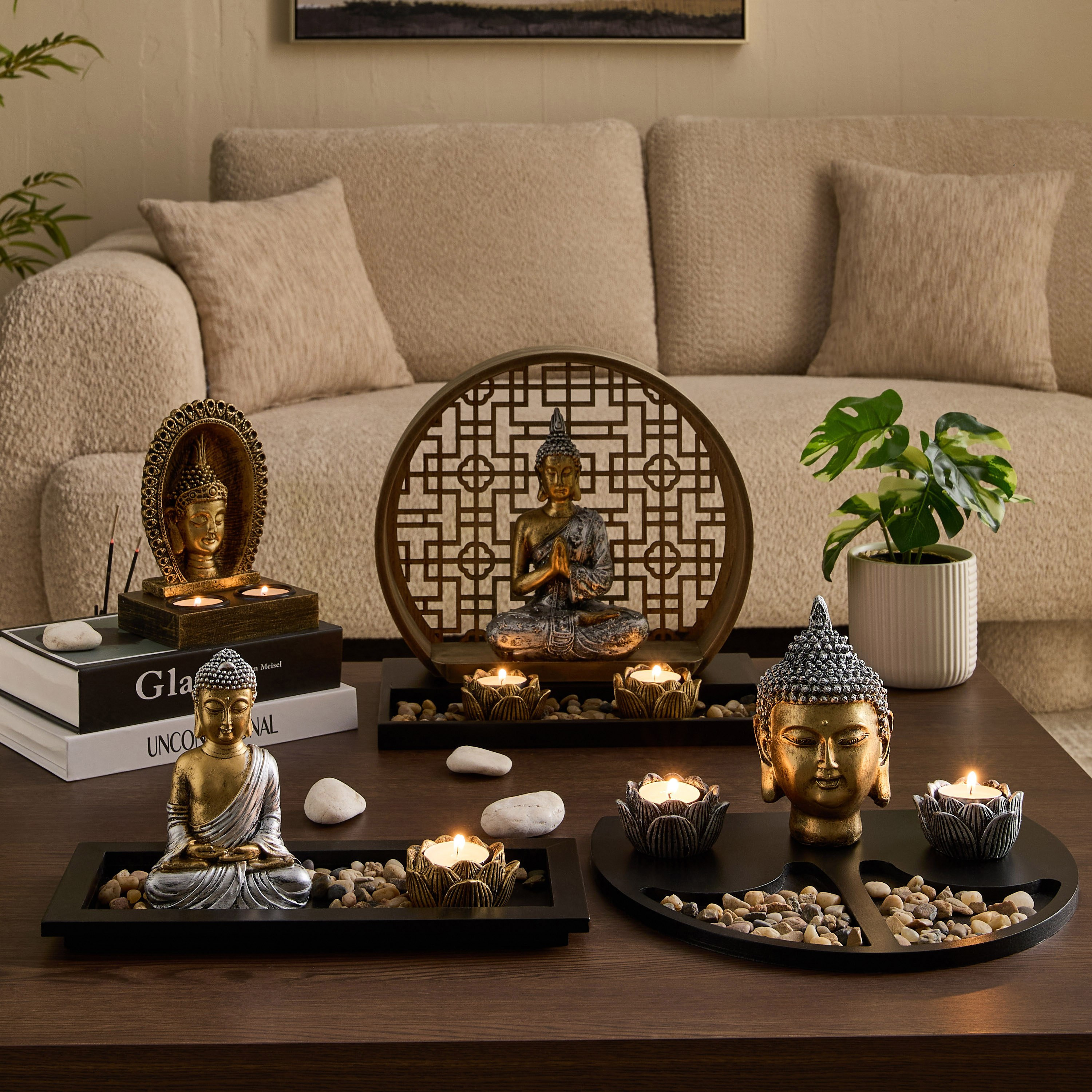 تمثال بوذا بوليريزين مع صينية وحامل شمعة تيلايت من ديفينيتي غلاسيير - 31x14x15.5 سم-hbxlivingroom-decorandaccessories-candleholders-image-5