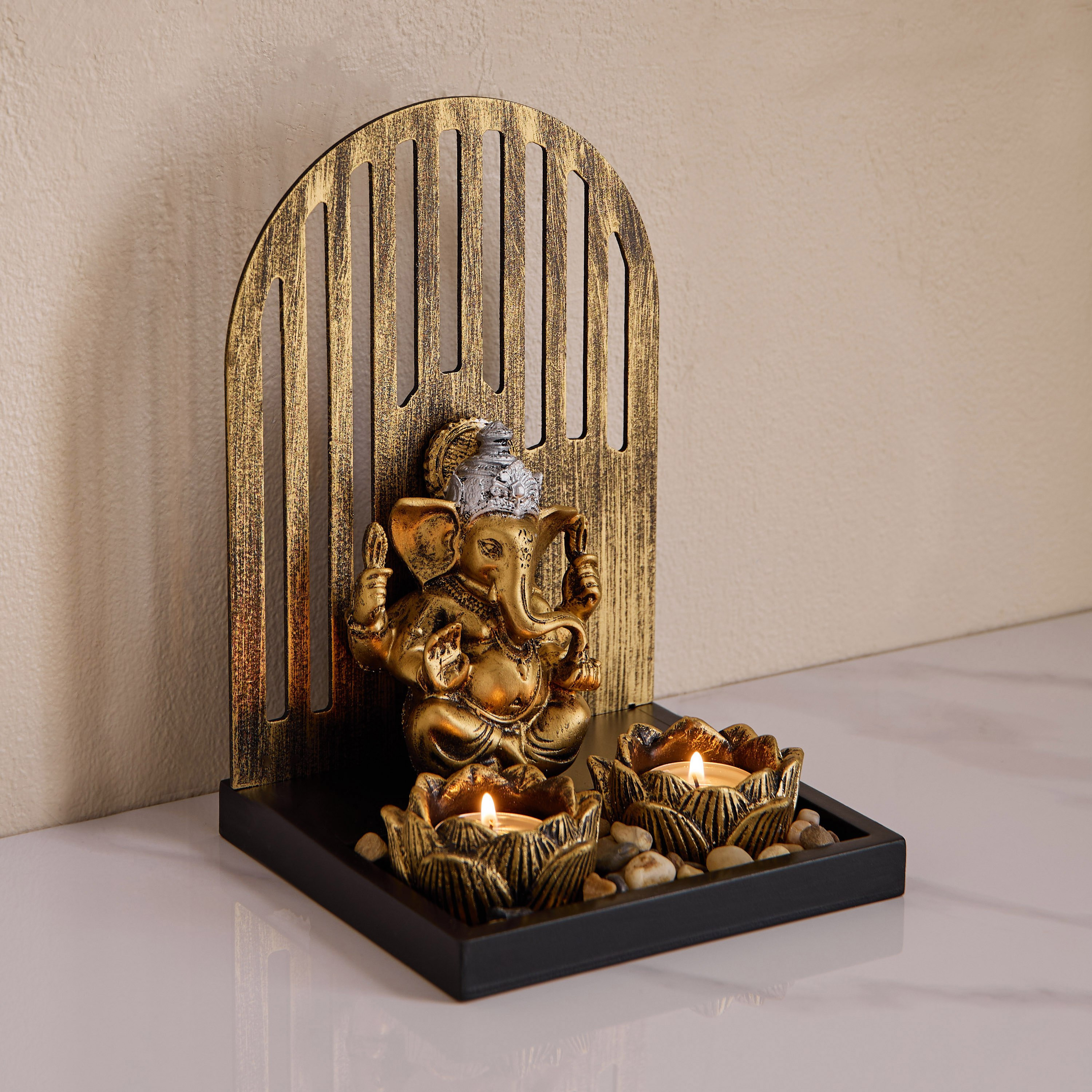 Divinity Glacier Polyresin Ganesh Statue with MDF Tealight Tray - 16x15x23.5 cm-hbxlivingroom-decorandaccessories-candleholders-image-1