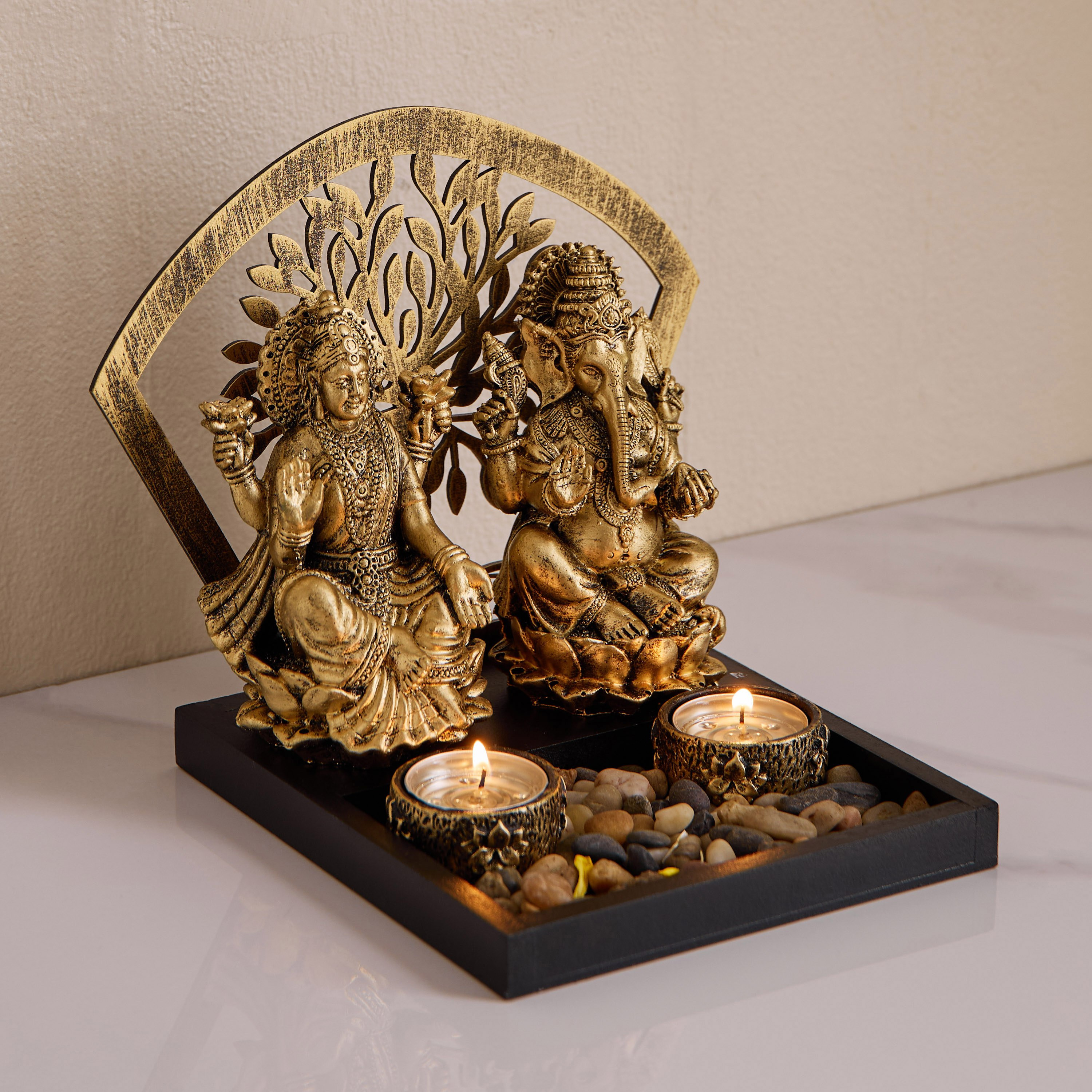 Divinity Glacier Polyresin Ganesh Laxmi Statue with MDF Tealight Tray - 20.5x18x19 cm-hbxlivingroom-decorandaccessories-candleholders-image-1