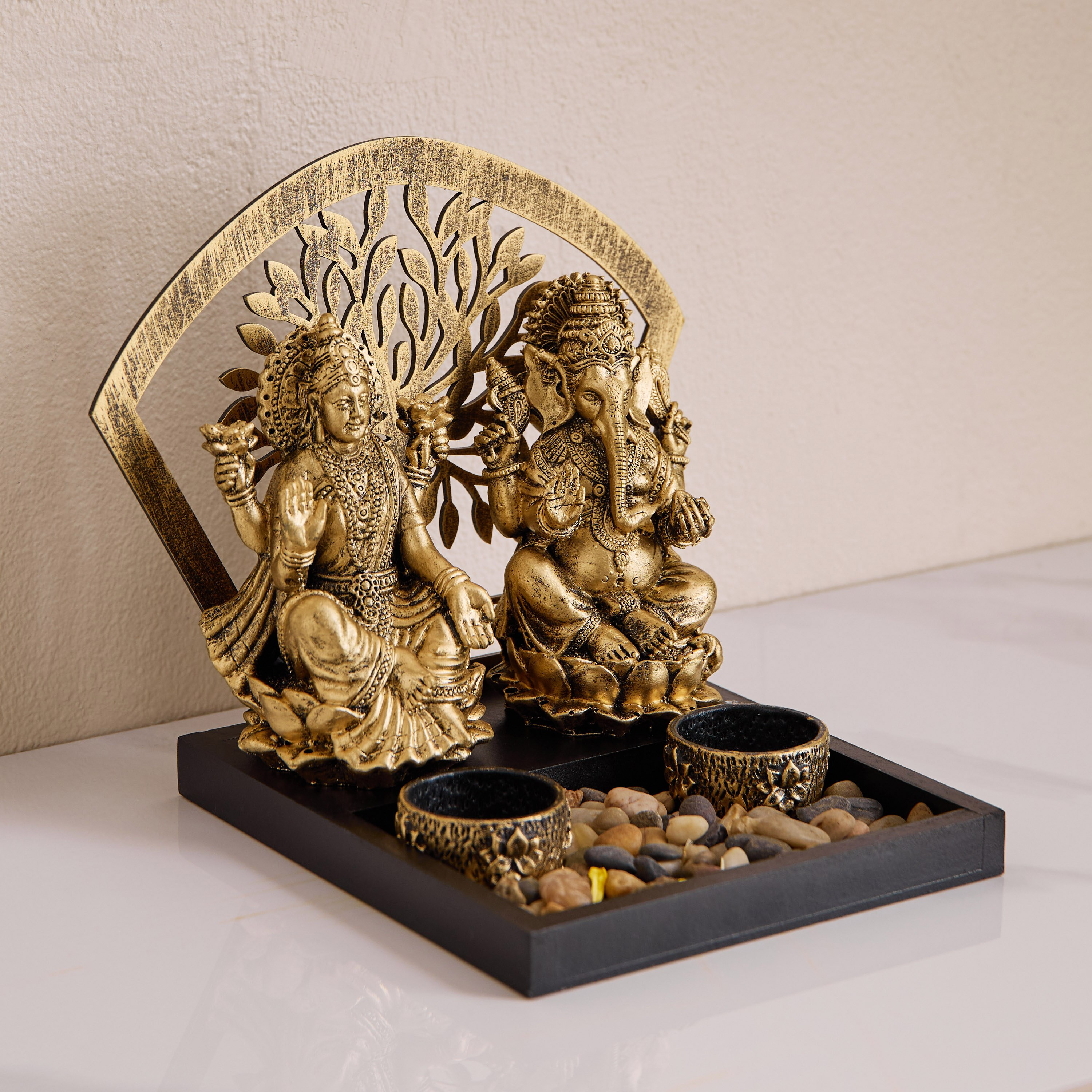 Divinity Glacier Polyresin Ganesh Laxmi Statue with MDF Tealight Tray - 20.5x18x19 cm-hbxlivingroom-decorandaccessories-candleholders-image-2