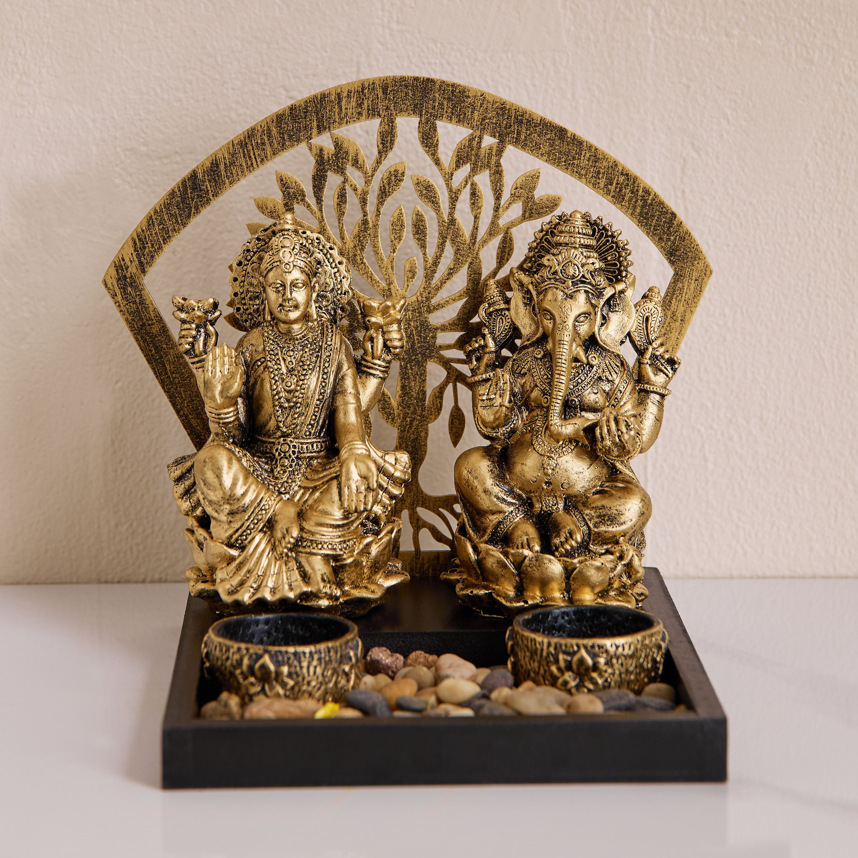 Divinity Glacier Polyresin Ganesh Laxmi Statue with MDF Tealight Tray - 20.5x18x19 cm-hbxlivingroom-decorandaccessories-candleholders-image-3