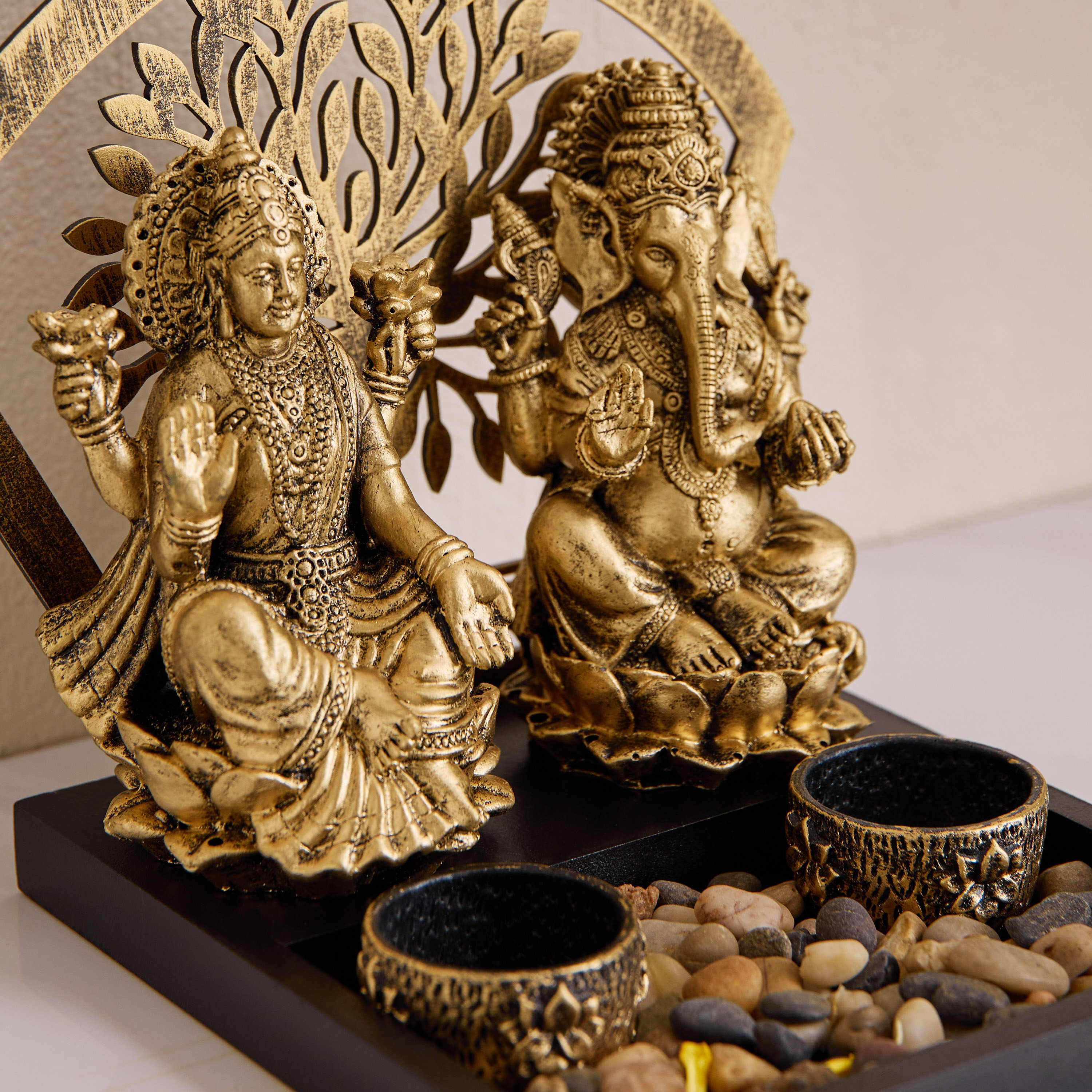 Divinity Glacier Polyresin Ganesh Laxmi Statue with MDF Tealight Tray - 20.5x18x19 cm-hbxlivingroom-decorandaccessories-candleholders-image-4