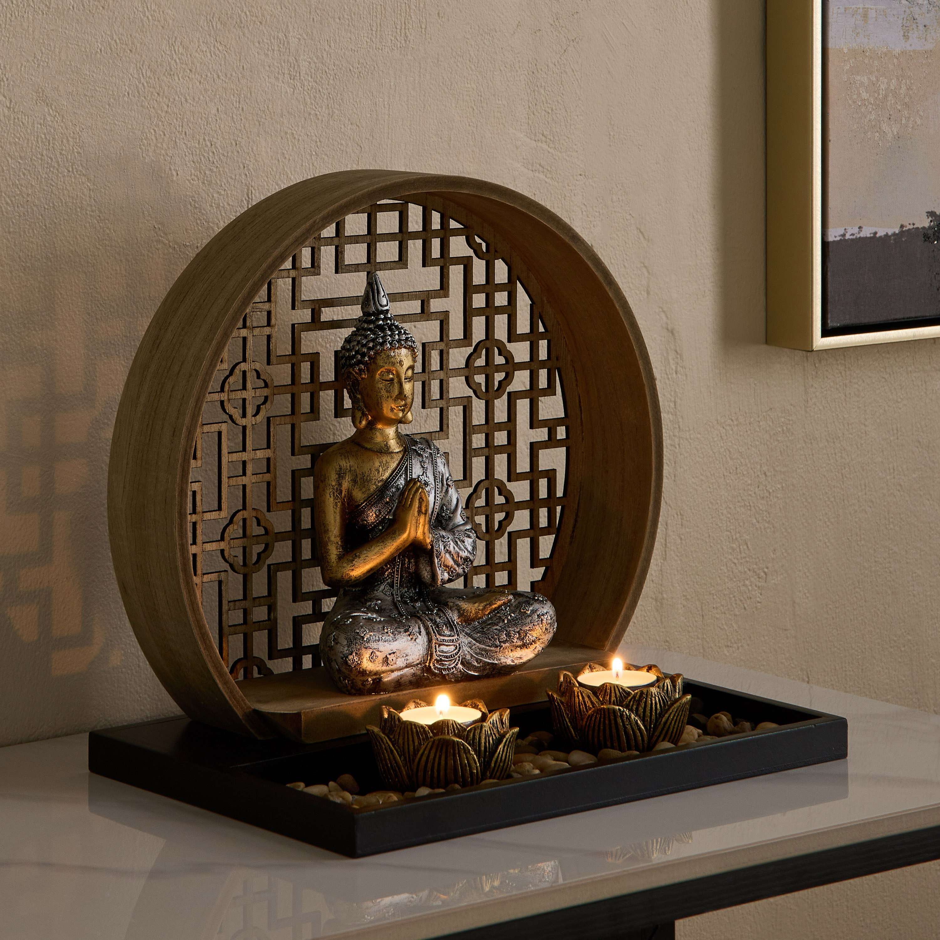 تمثال بوذا بوليريزين مع حامل خشب ام دي اف وصينية من ديفينيتي غلاسيير - 30x20x28 سم-hbxlivingroom-decorandaccessories-candleholders-image-1