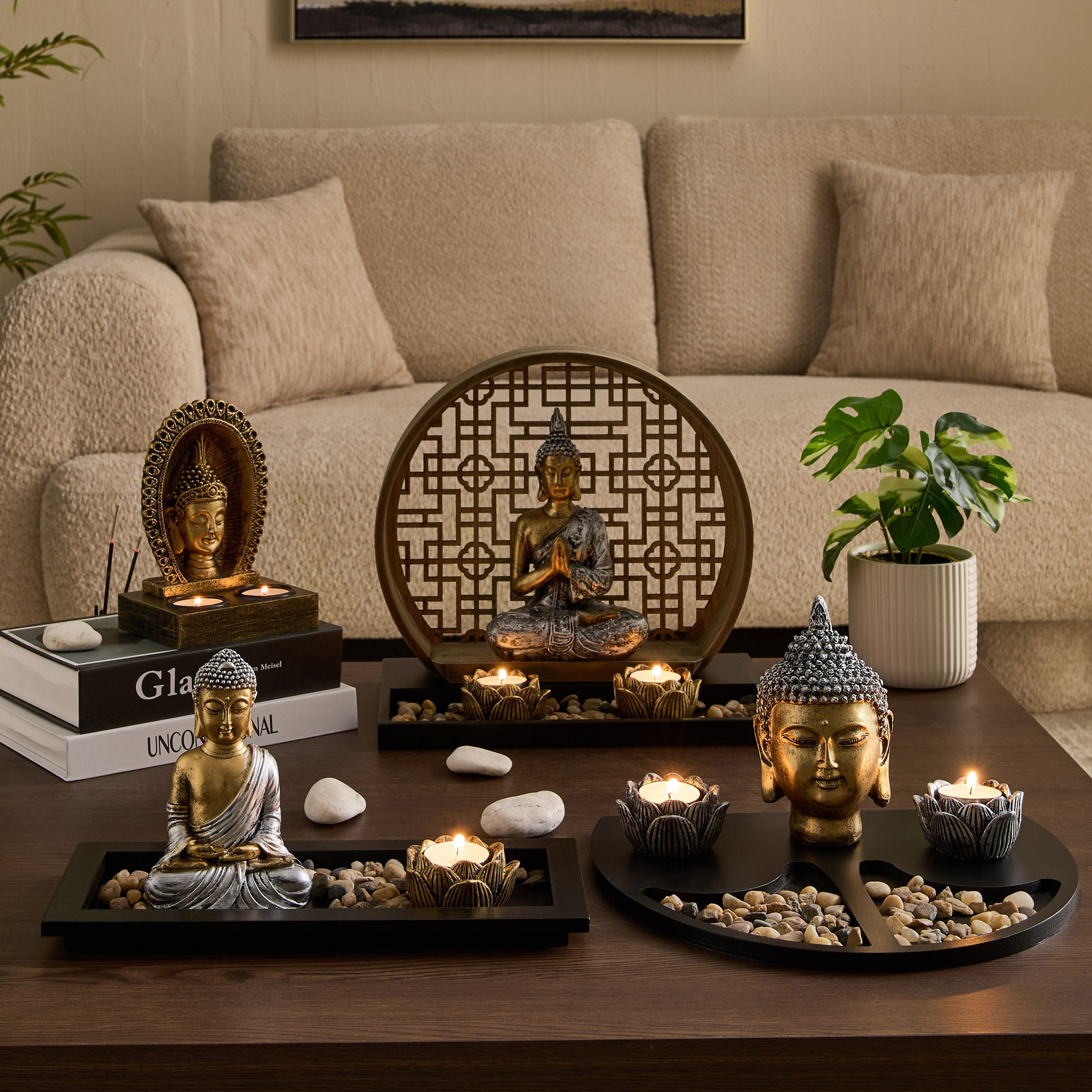 تمثال بوذا بوليريزين مع حامل خشب ام دي اف وصينية من ديفينيتي غلاسيير - 30x20x28 سم-hbxlivingroom-decorandaccessories-candleholders-image-5