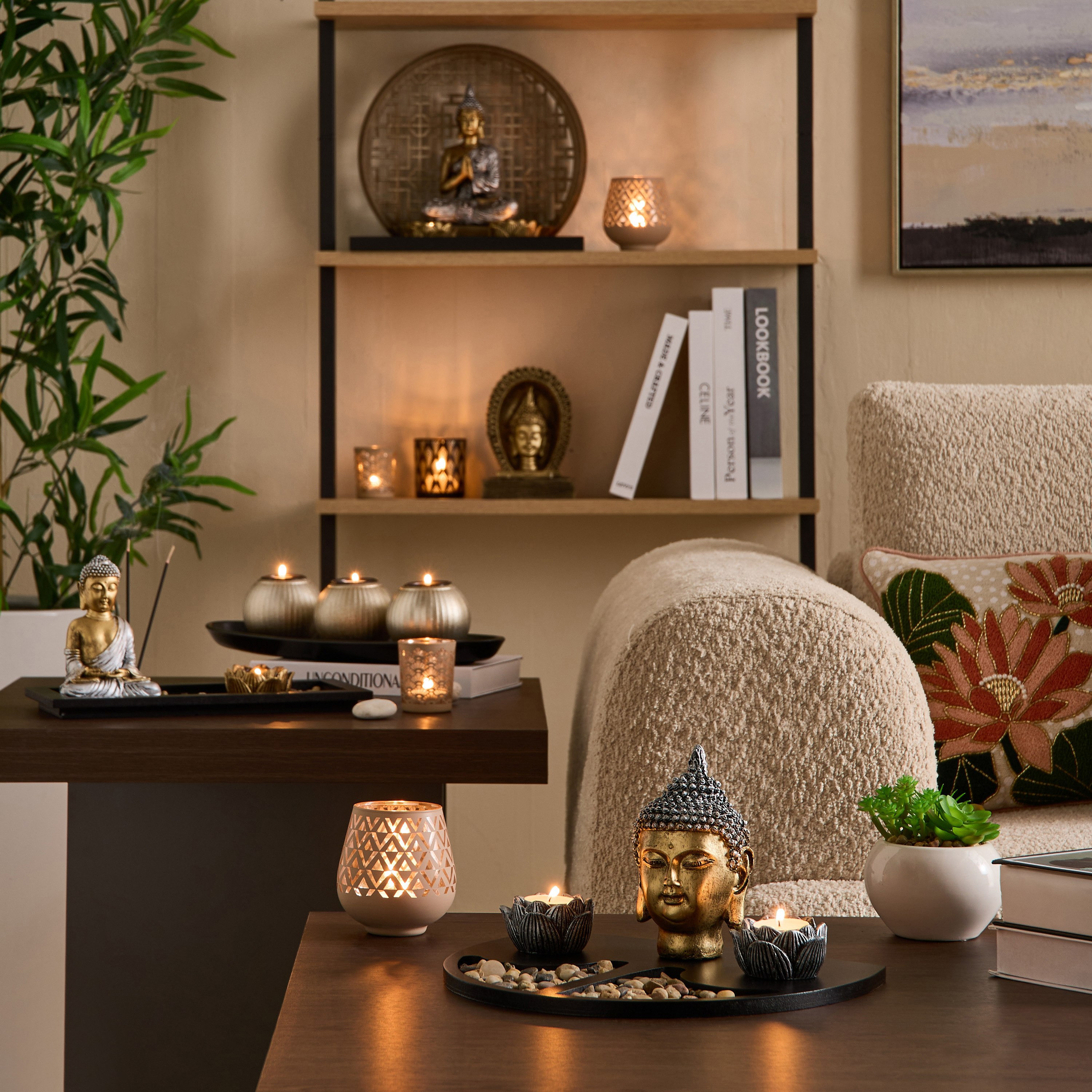 تمثال بوذا بوليريزين مع حامل خشب ام دي اف وصينية من ديفينيتي غلاسيير - 30x20x28 سم-hbxlivingroom-decorandaccessories-candleholders-image-6