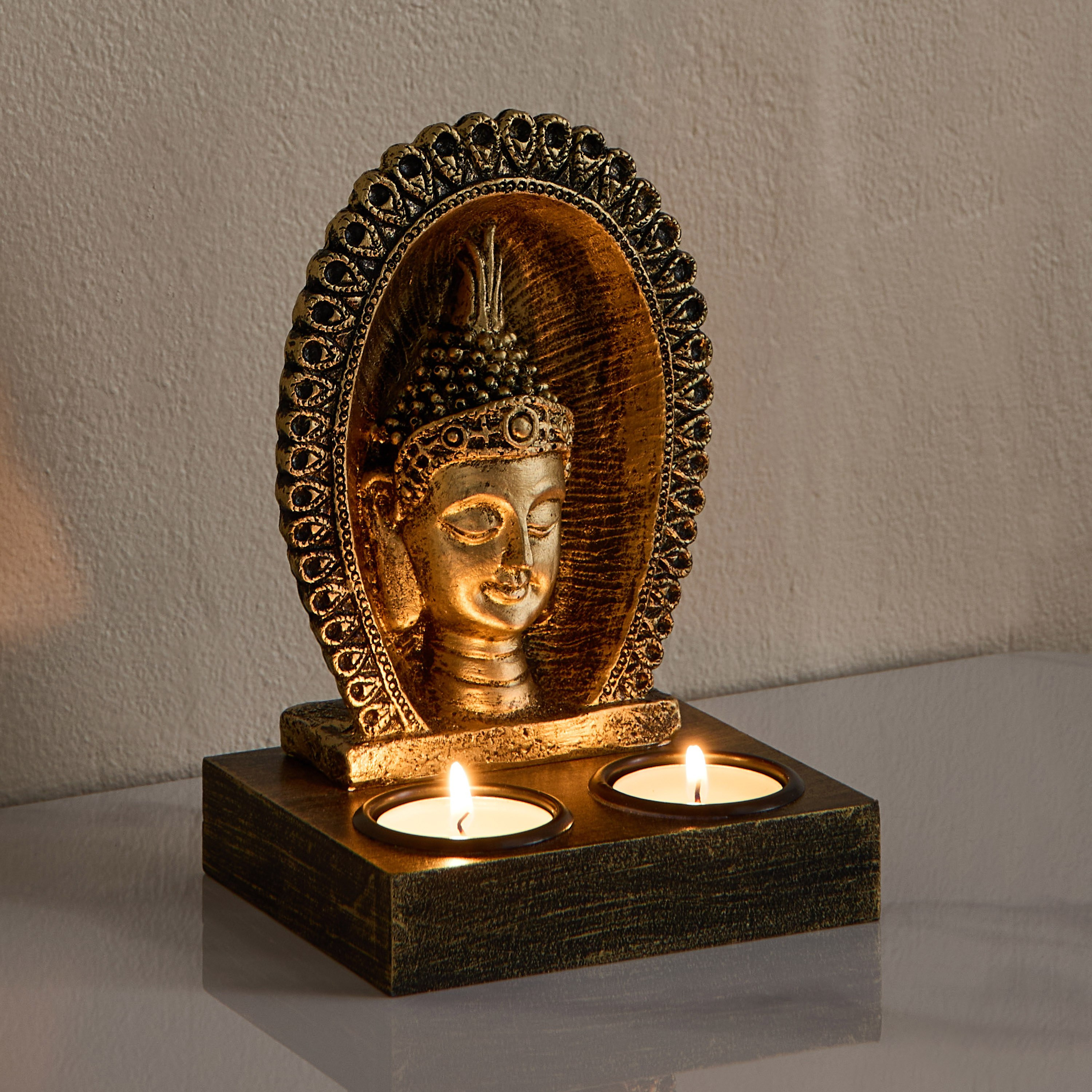 Divinity Glacier Polyresin Buddha Face with MDF Tealight Base - 12x10x17.3 cm-hbxlivingroom-decorandaccessories-candleholders-image-1