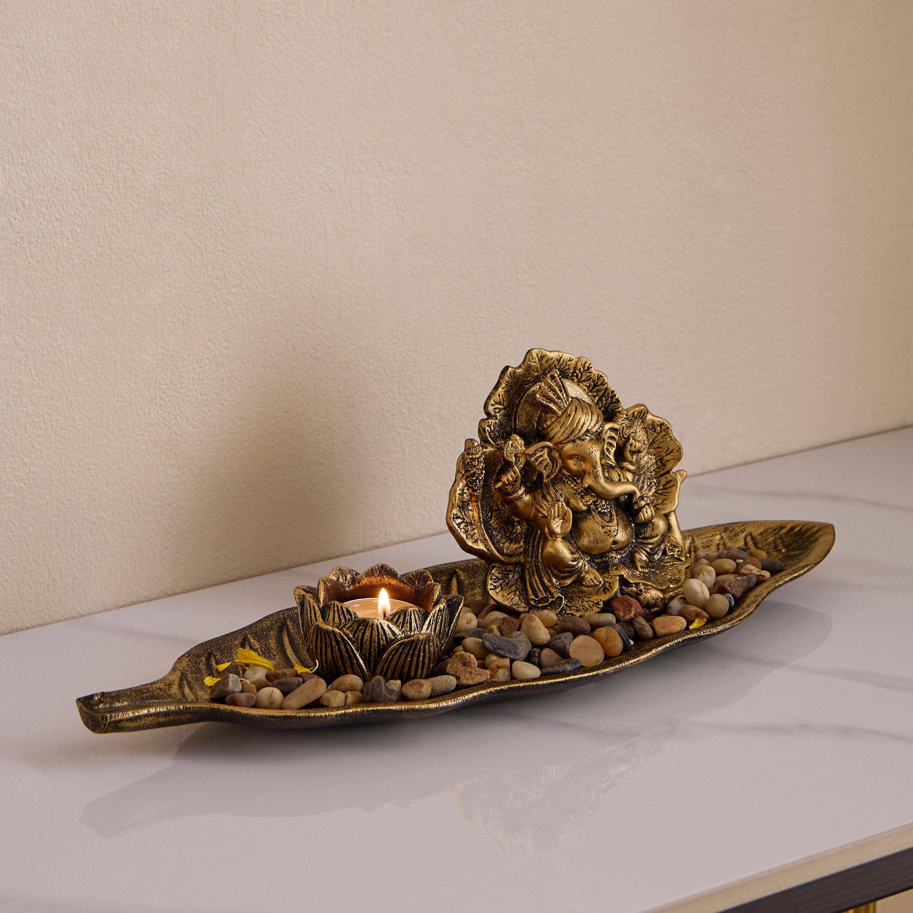 Divinity Glacier Polyresin Ganesha Statue with MDF Base Tray - 38x13.5x11.5 cm-hbxlivingroom-decorandaccessories-candleholders-image-1