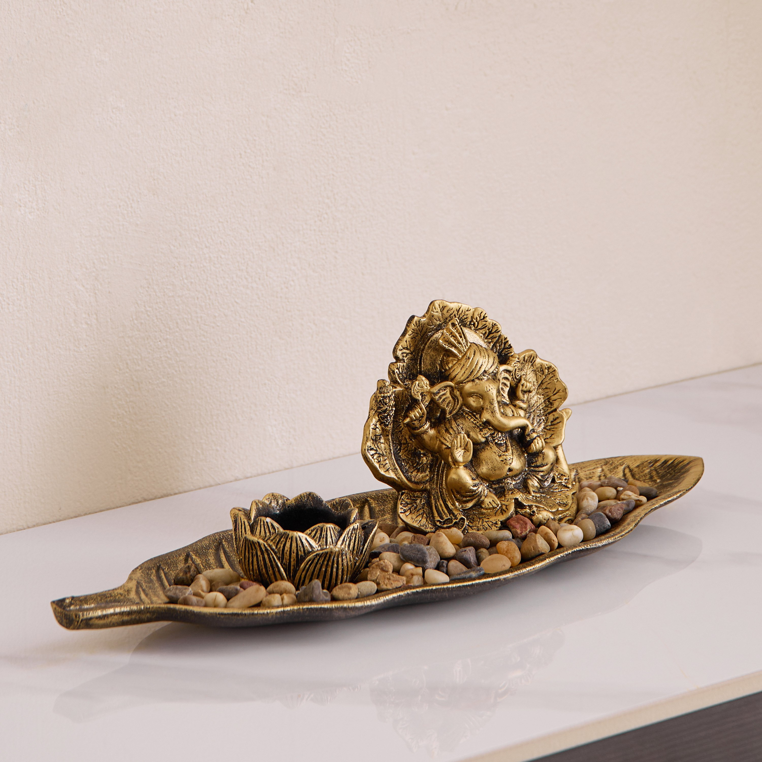 Divinity Glacier Polyresin Ganesha Statue with MDF Base Tray - 38x13.5x11.5 cm-hbxlivingroom-decorandaccessories-candleholders-image-2