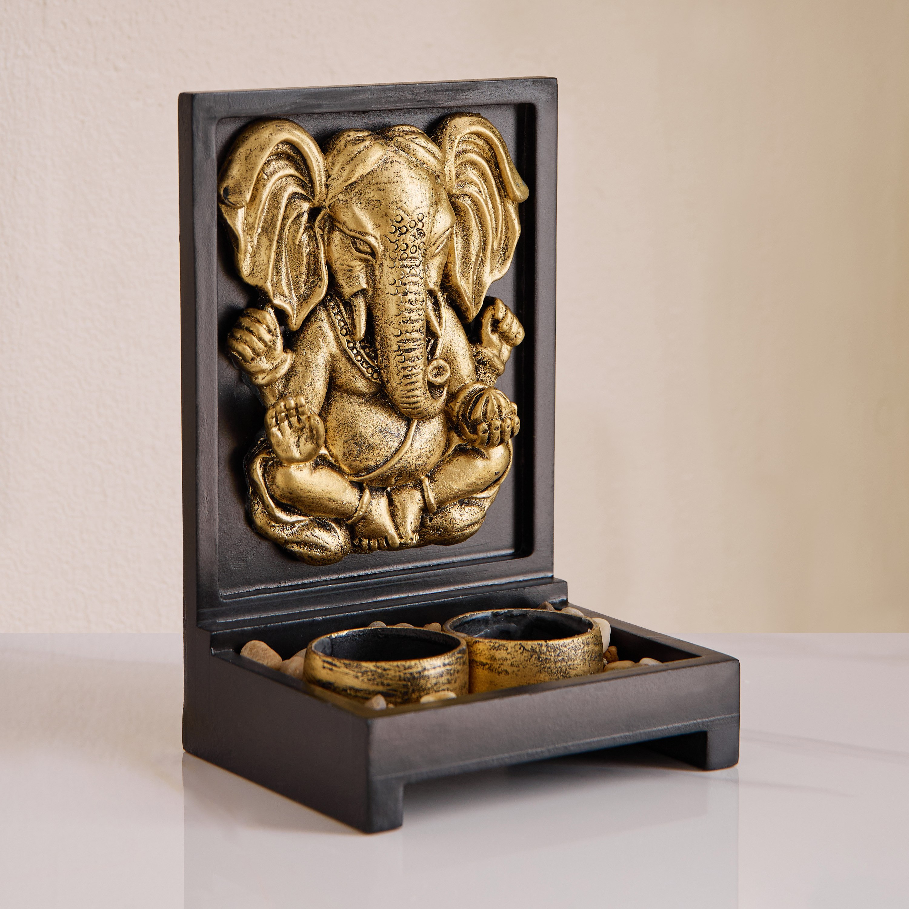 Divinity Glacier Polyresin Ganesha with MDF Wooden Stand and Teaight Holder - 13.5x10.5x20 cm-hbxlivingroom-decorandaccessories-candleholders-image-2