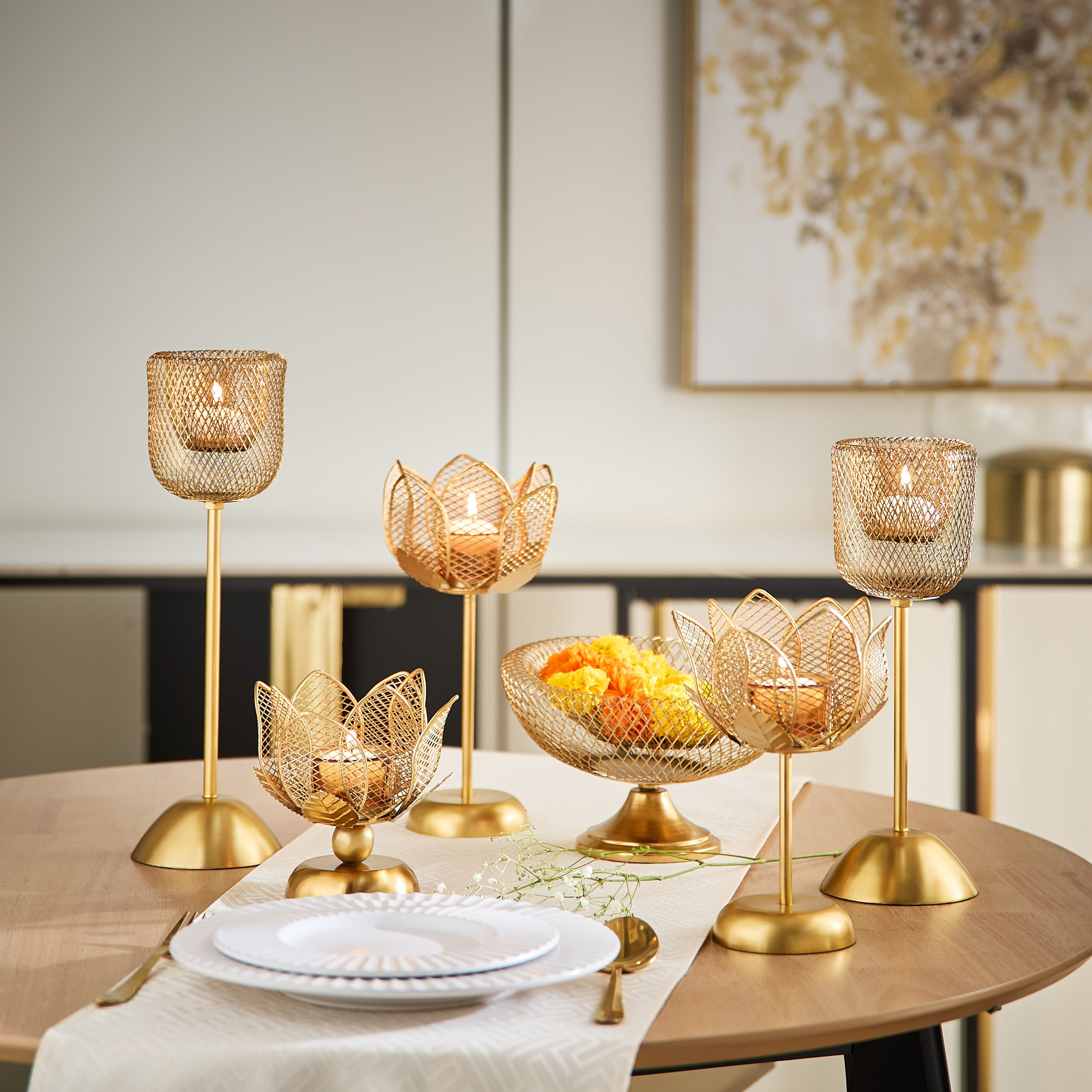 Kumudh Aurora Decorative Mesh Pillar Candleholder - 9.5x9.5x31 cm-hbxlivingroom-decorandaccessories-candleholders-image-4