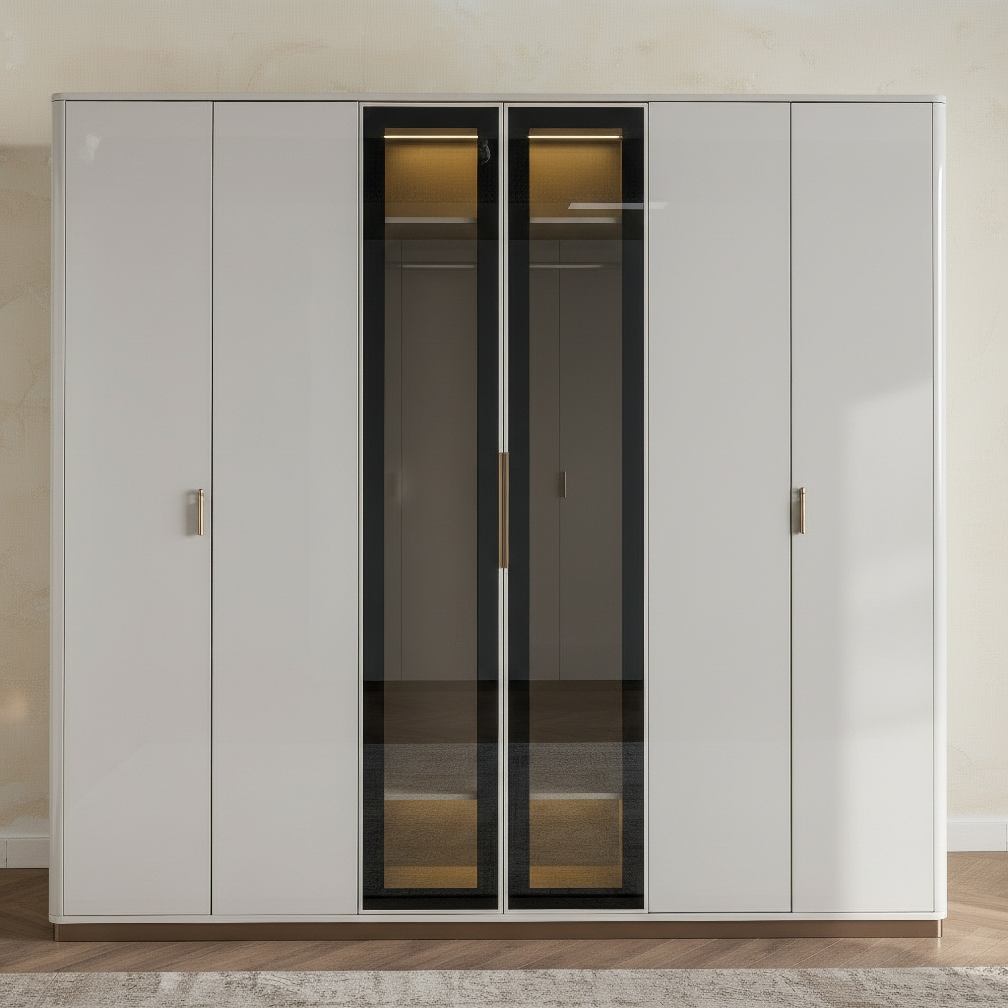 خزانة ملابس 6 أبواب مع إضاءة إل إي دي وزجاج شفاف من جراند-hbxfurniture-wardrobes-image-2