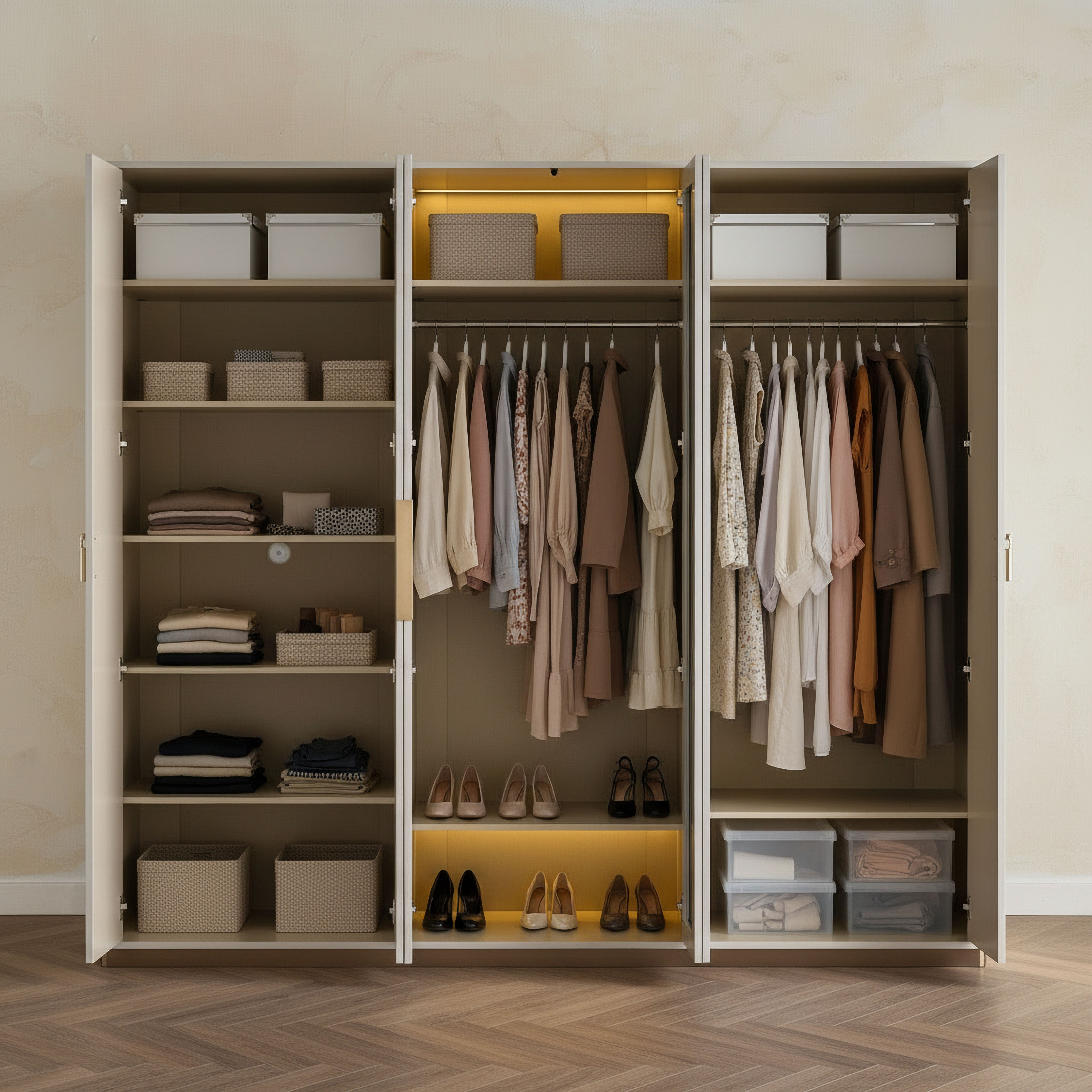 خزانة ملابس 6 أبواب مع إضاءة إل إي دي وزجاج شفاف من جراند-hbxfurniture-wardrobes-image-3