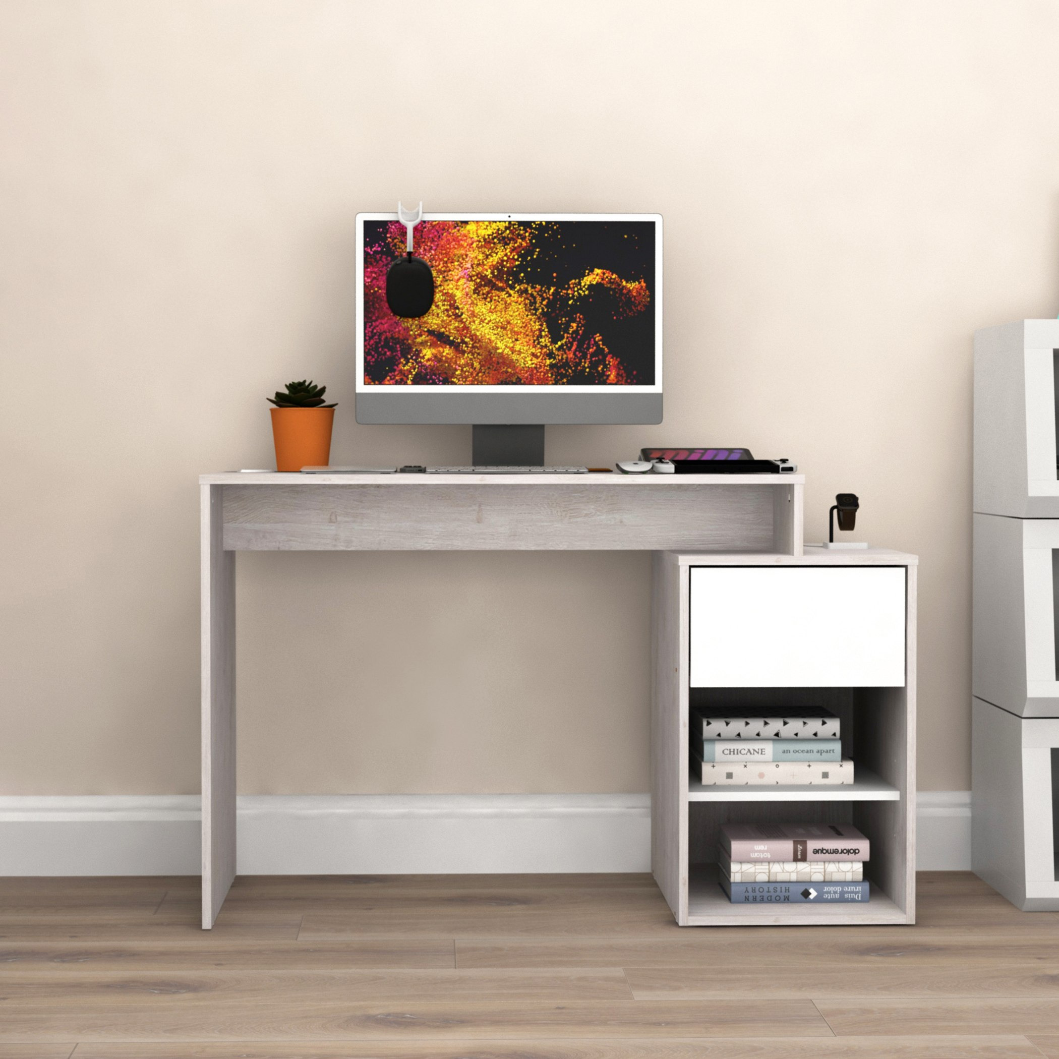 Movo Ivory Halmstad 1-Drawer Study Desk with Open Shelf-hbxfurniture-office-desks-image-1